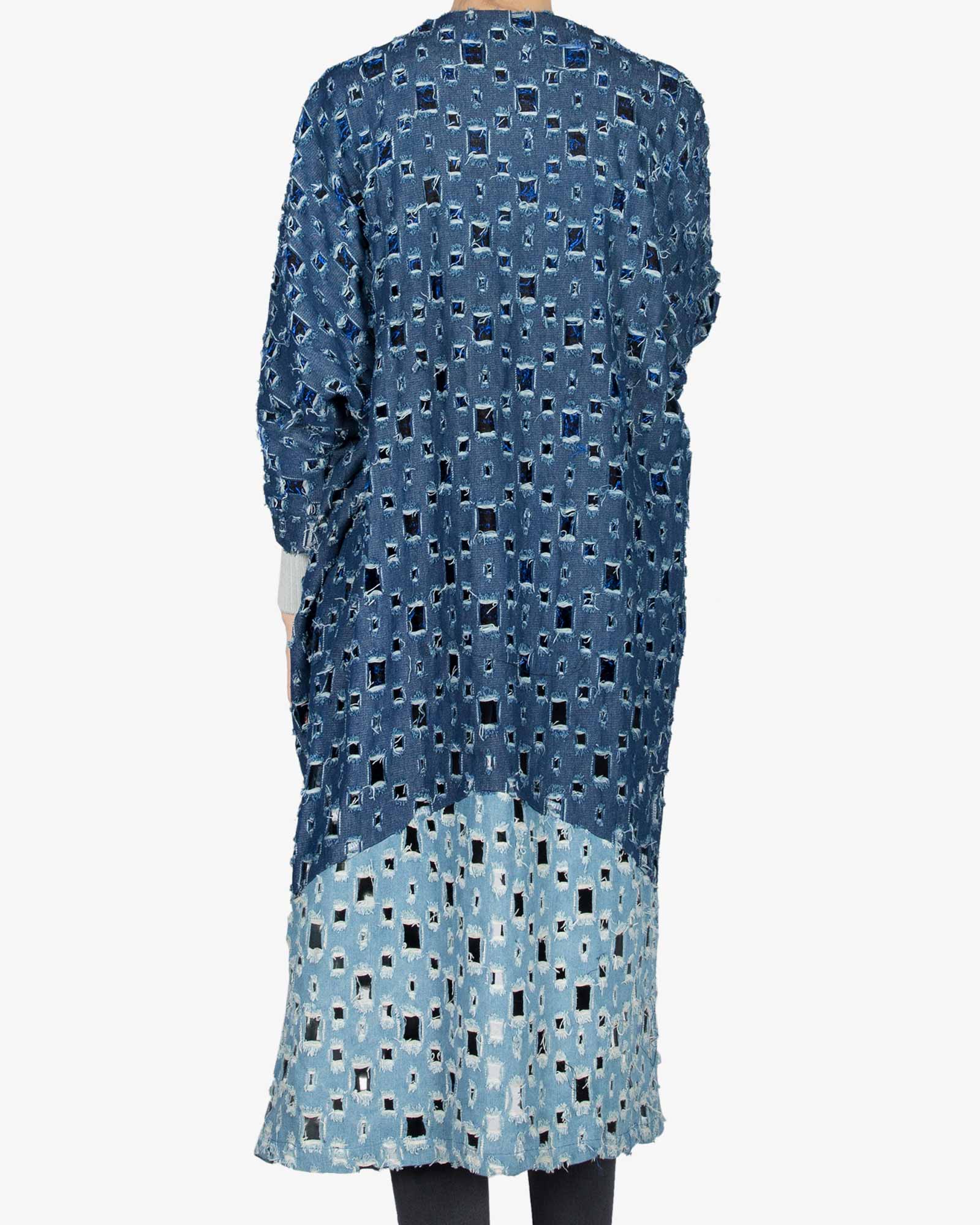 مانتو جین دخترانه بلند زاپ دار - آبی کاربنی - پشت