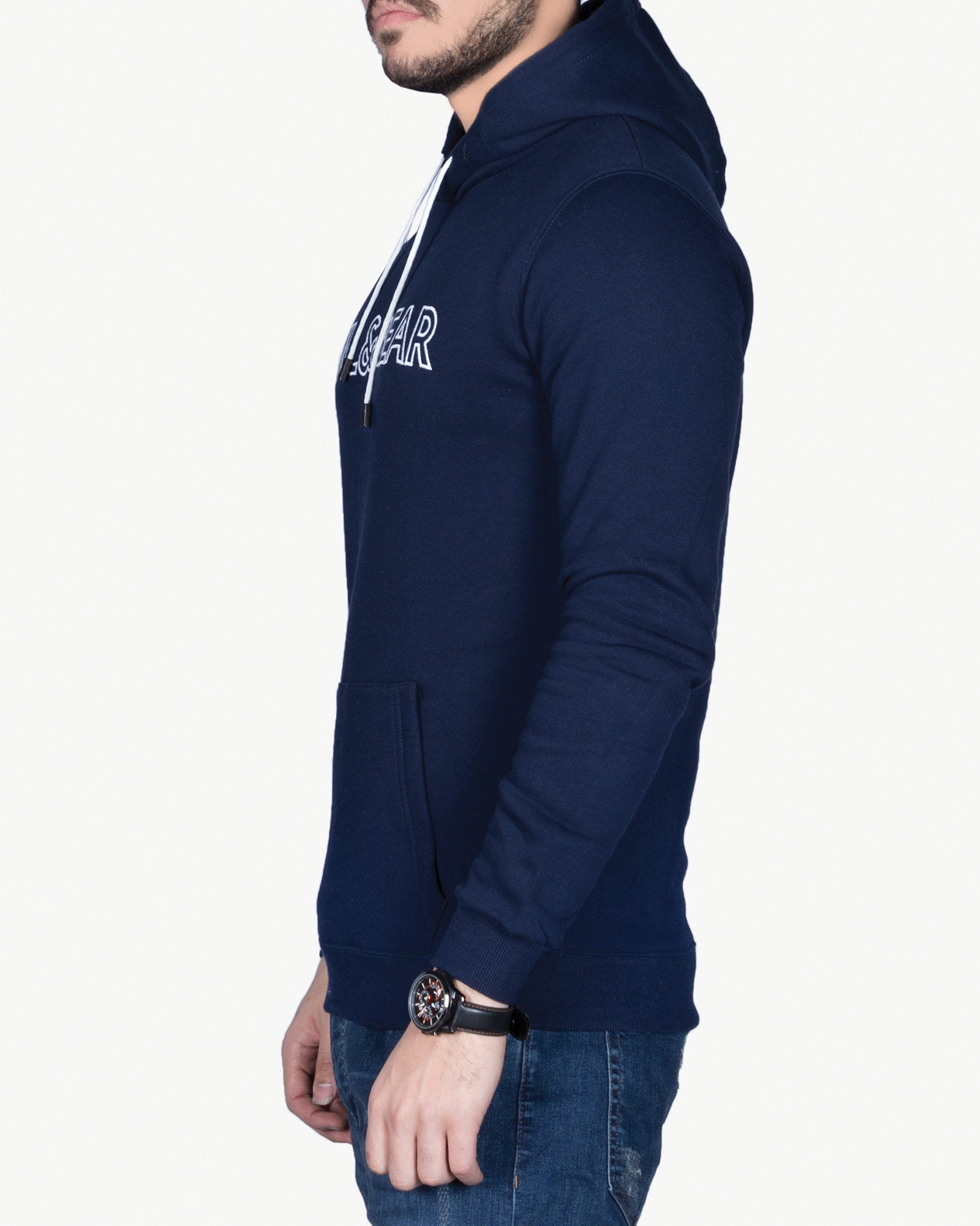 هودی جلو بسته نخی پنبه ای مردانه - سرمه ای تیره - بغل