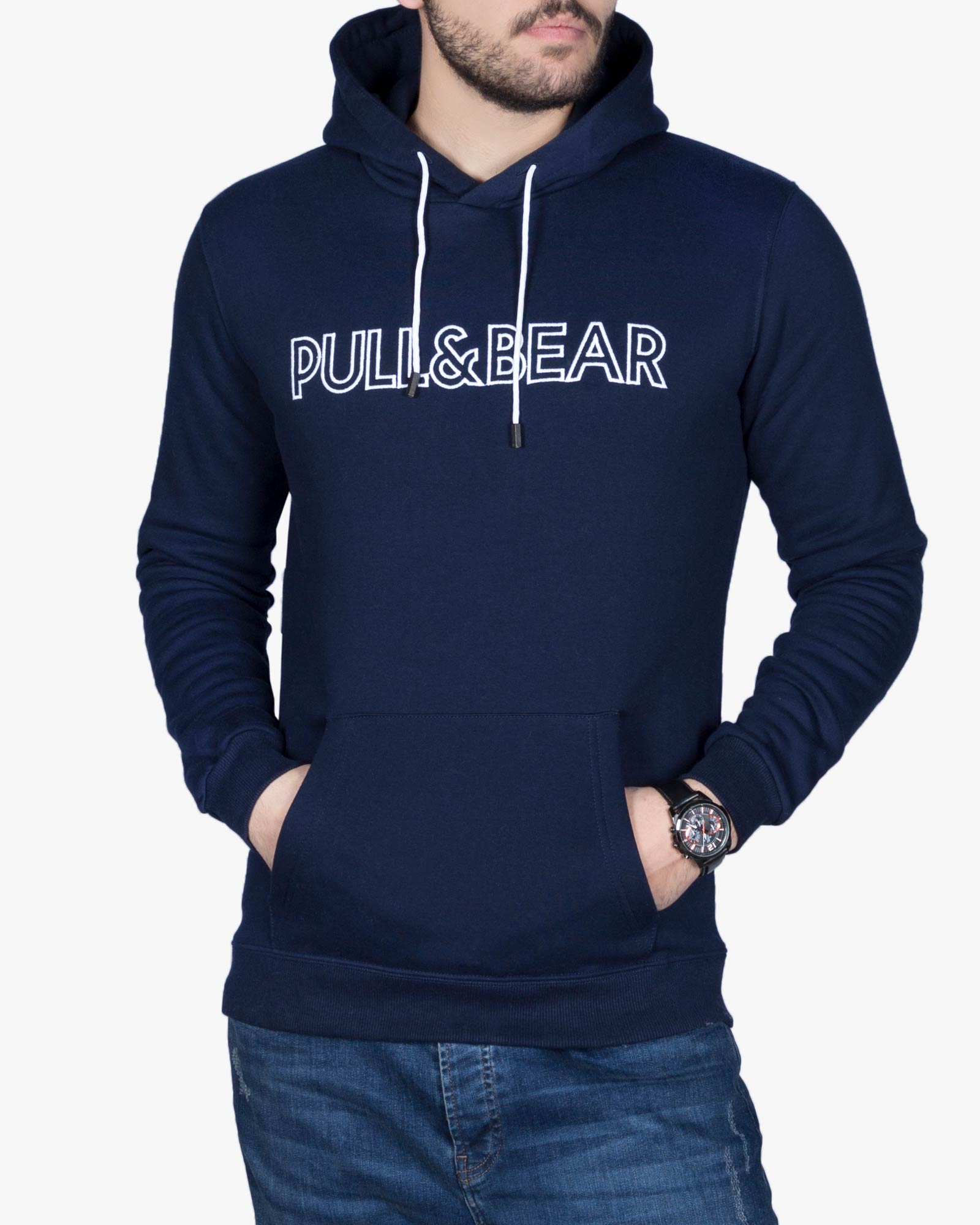 هودی جلو بسته نخی پنبه ای مردانه - سرمه ای تیره - رو به رو