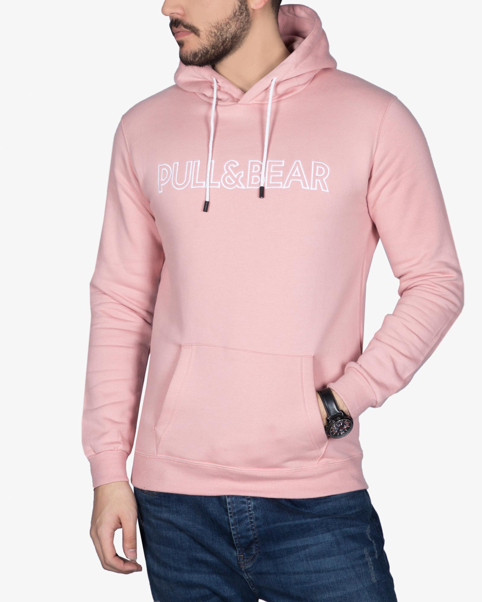 هودی جلو بسته نخی پنبه ای مردانه - صورتی - رو به رو