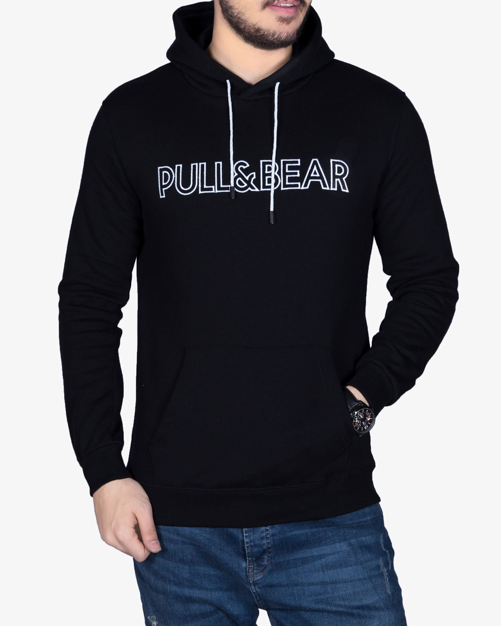 هودی جلو بسته نخی پنبه ای مردانه - مشکی - رو به رو