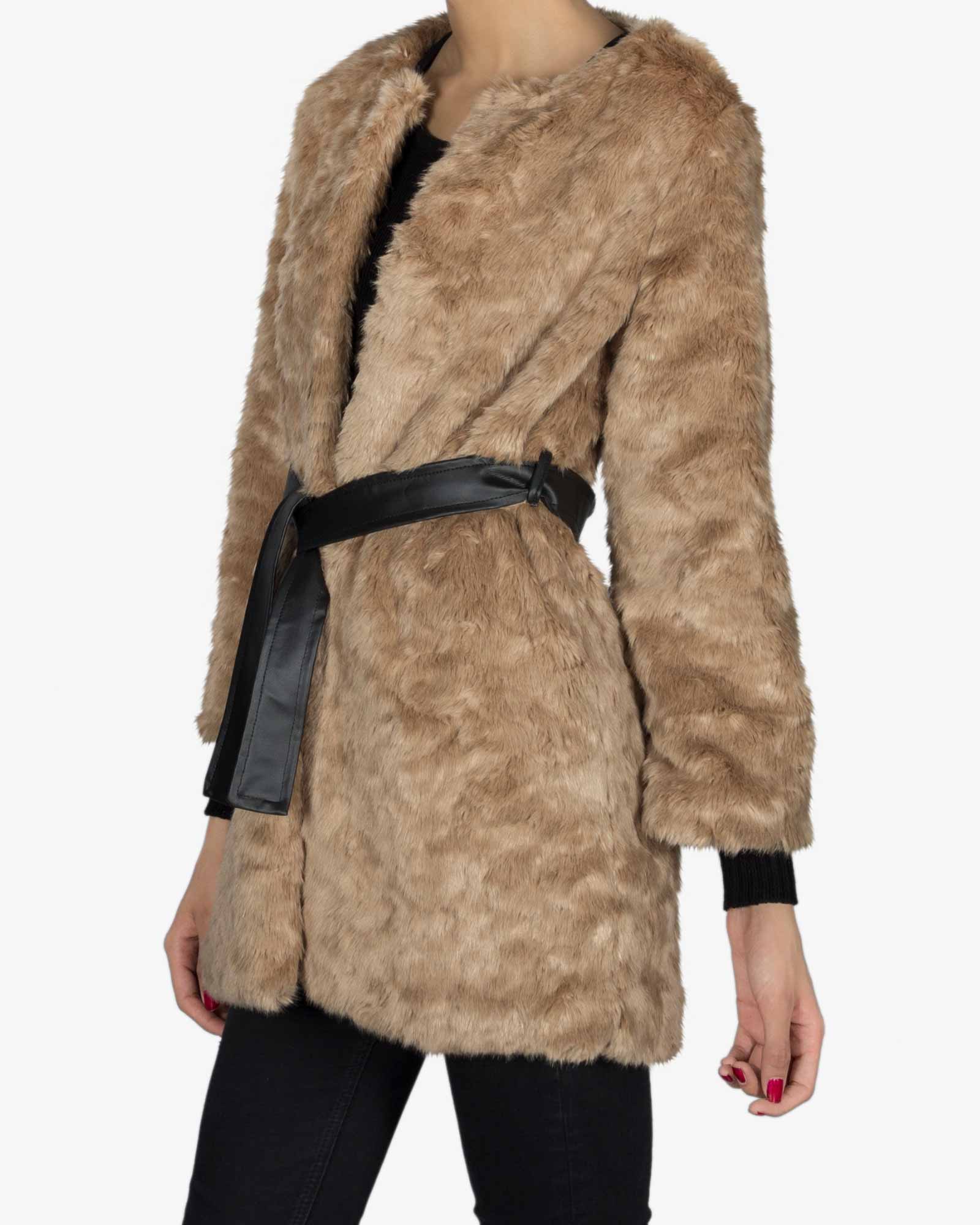 پالتو زنانه زمستانی کوتاه خزدار - خاکی - بغل