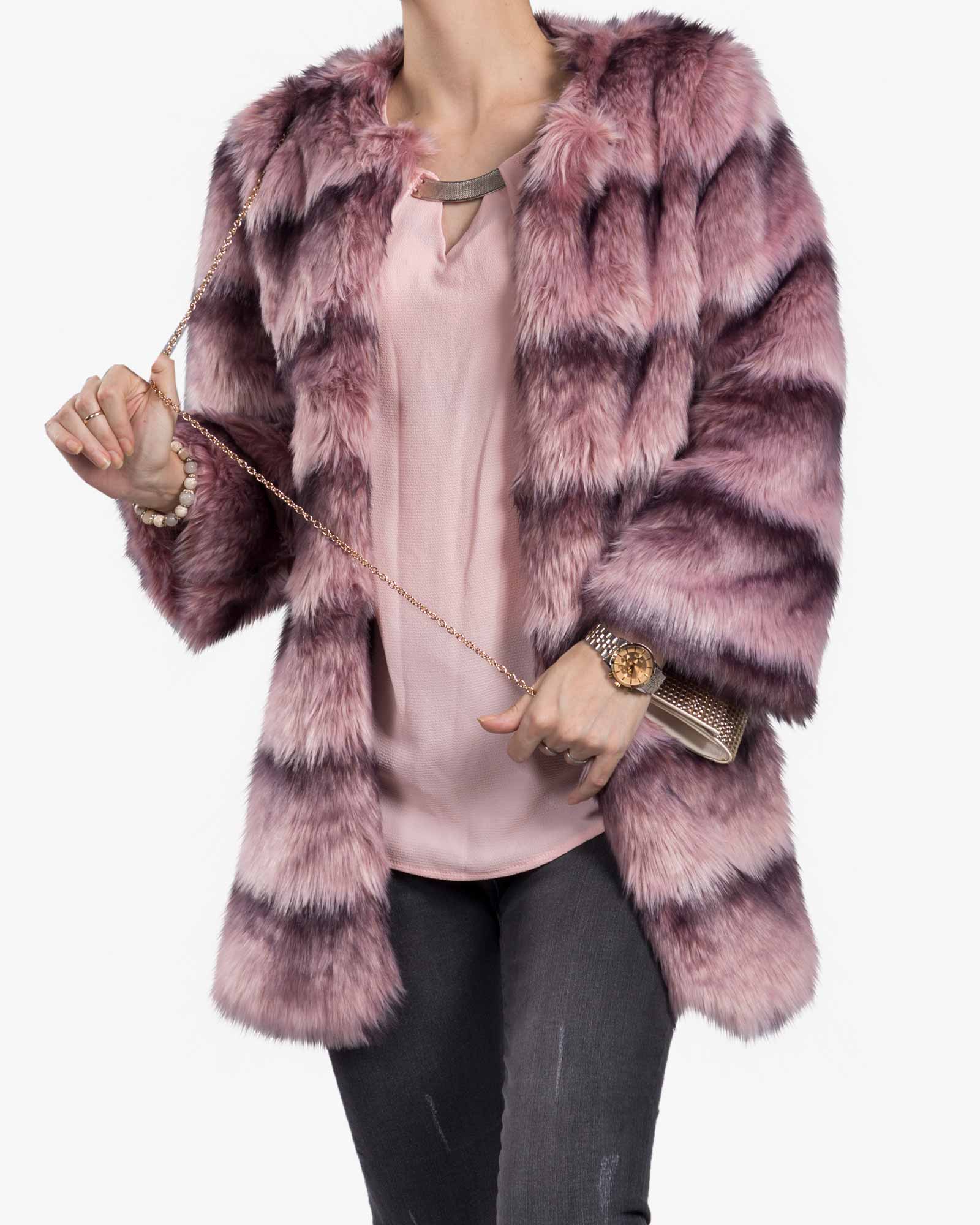 پالتو زنانه کوتاه صورتی بنفش تمام خز - یاسی - جلو باز