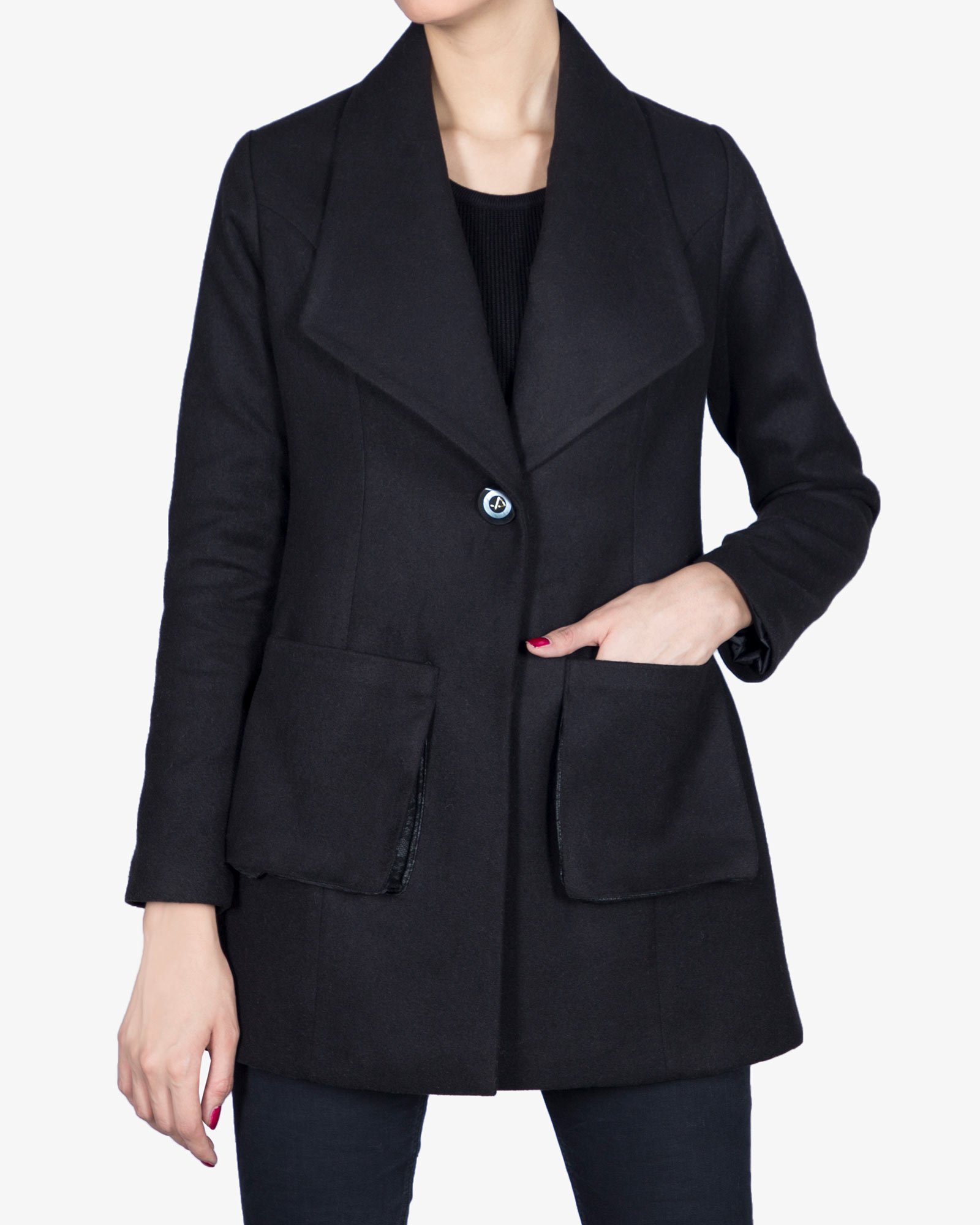 پالتو زنانه کوتاه فوتر یقه آمریکایی خزدار - مشکی - جلو