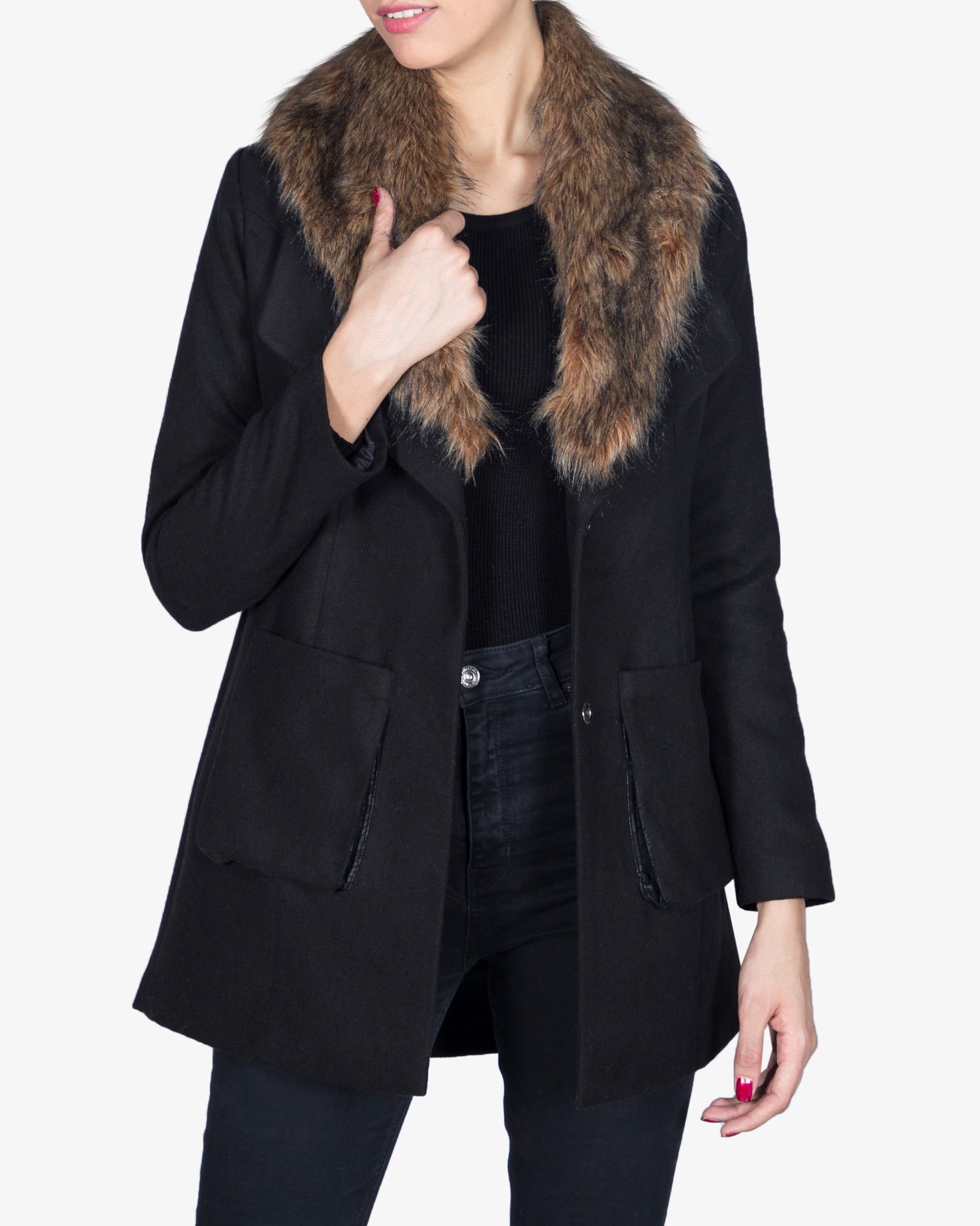 پالتو زنانه کوتاه فوتر یقه آمریکایی خزدار - مشکی - رو به رو