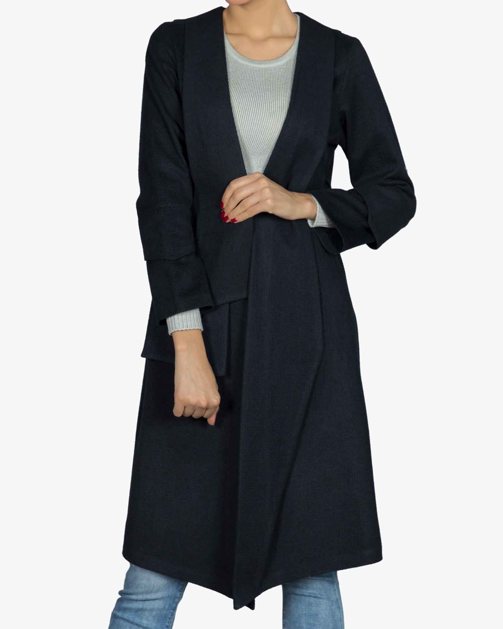 پالتو فوتر زنانه بلند - سرمه ای تیره - رو به رو