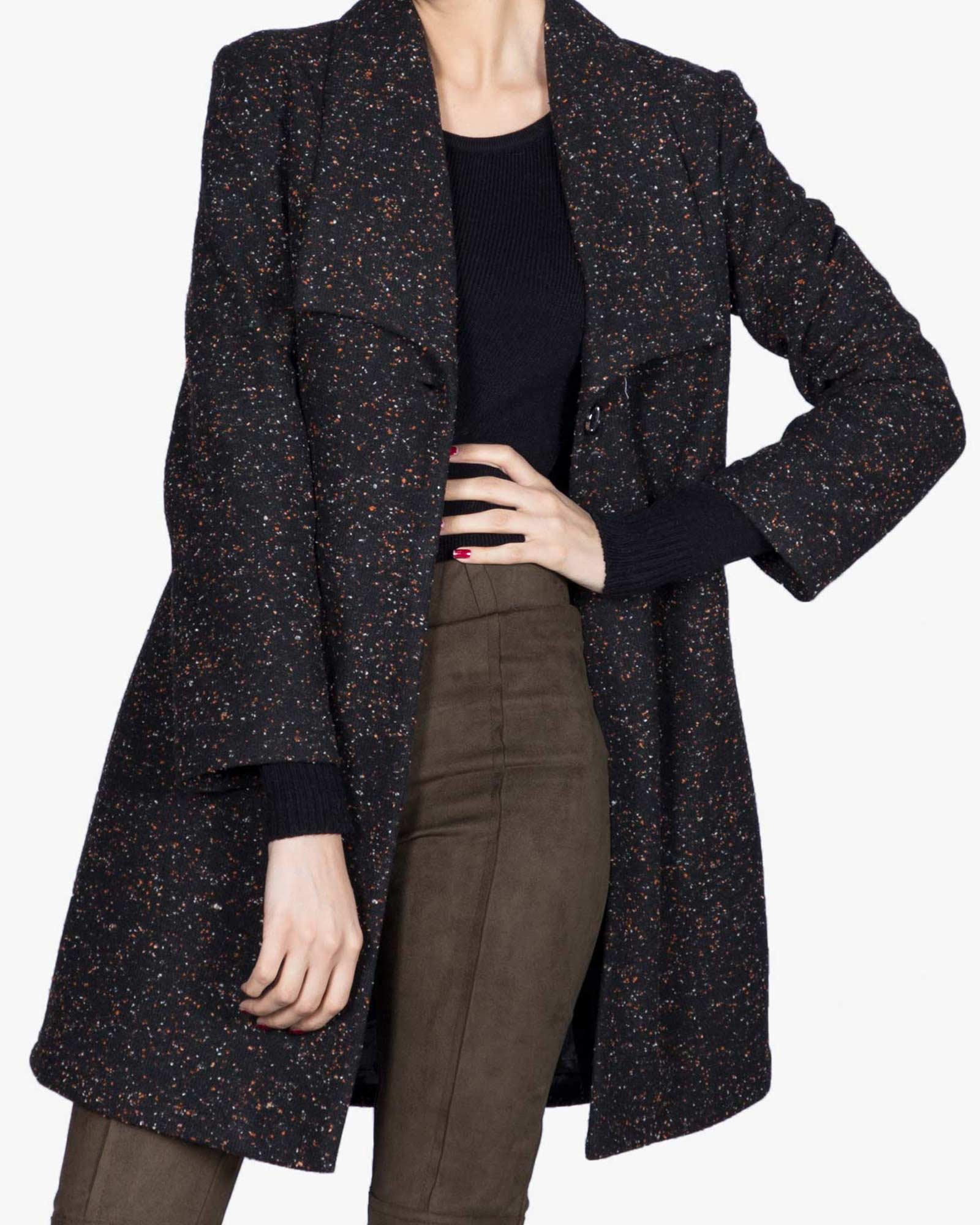 پالتو یقه آمریکایی زنانه کوتاه طرح خالدار - مشکی - جلو باز