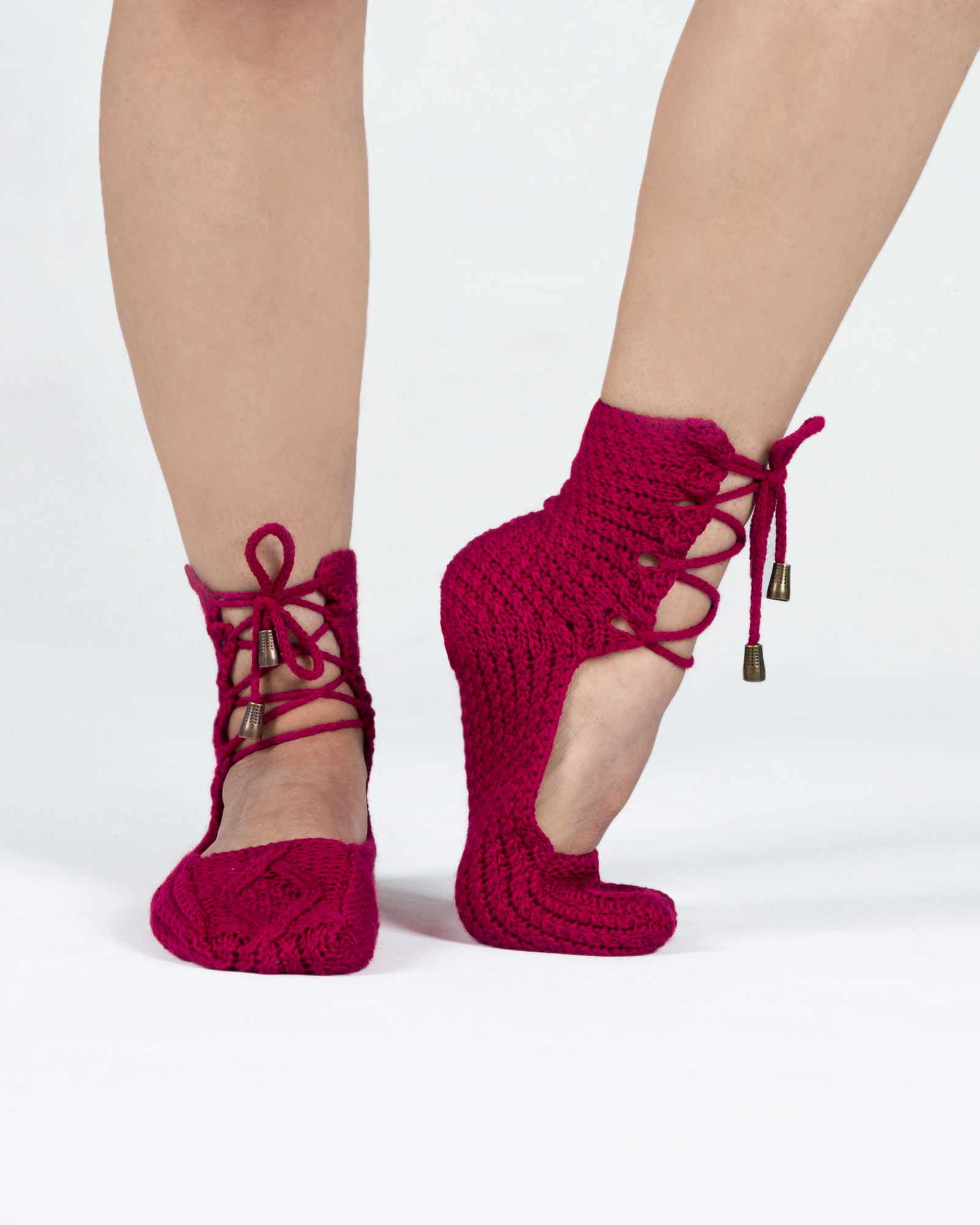 پاپوش بافت زنانه ساده بند دار- سرخابی- روبرو2