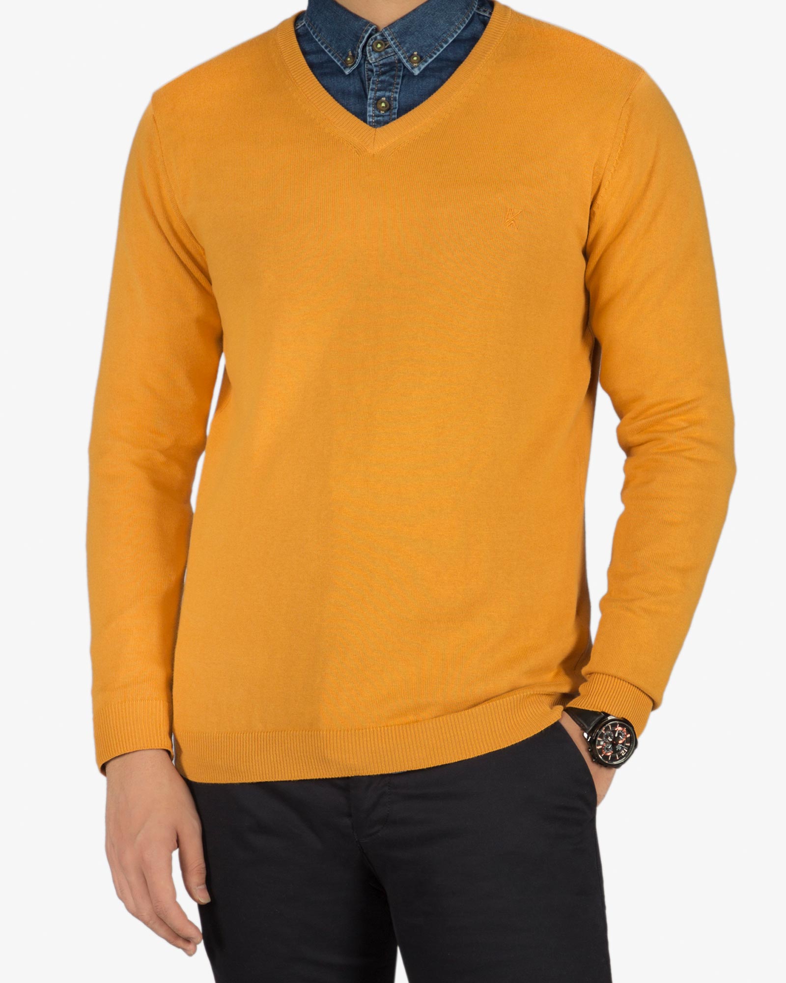 پلیور بافت مردانه ساده یقه هفت زرد - خردلی - رو به رو