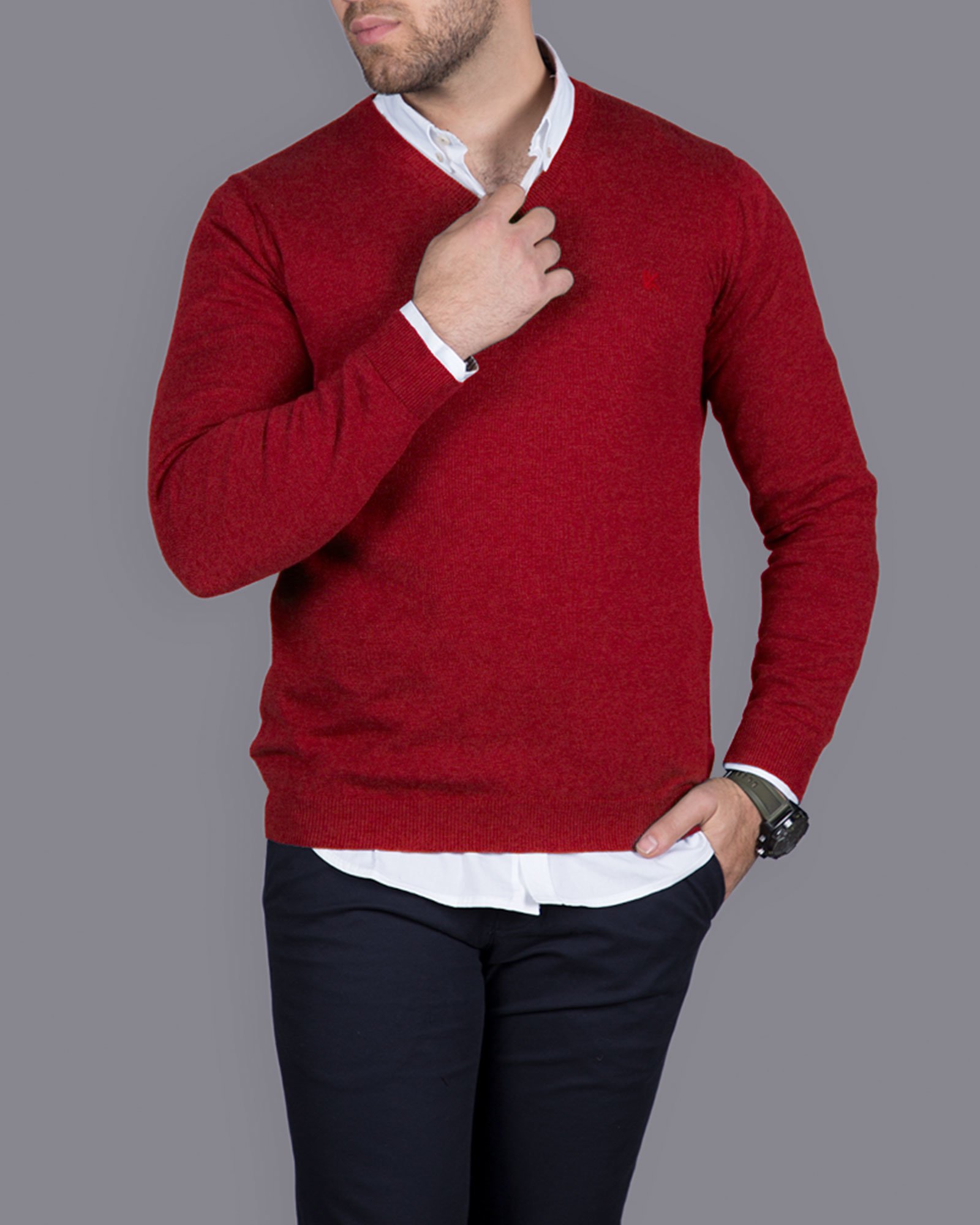 پلیور بافت مردانه ساده یقه هفت قرمز - شرابی - محیطی