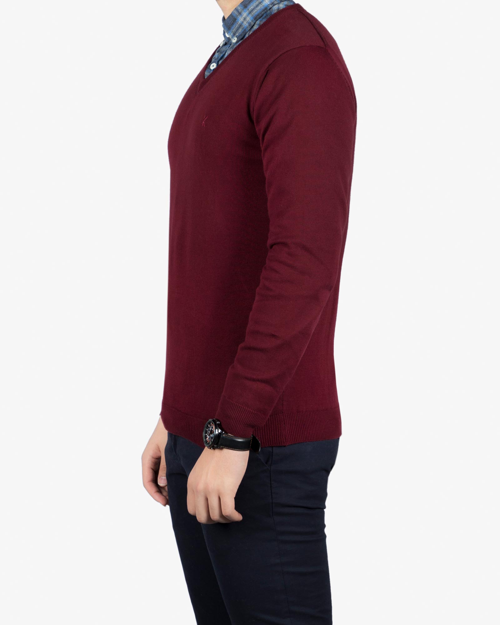 پلیور بافت مردانه ساده یقه هفت قرمز - عنابی - بغل