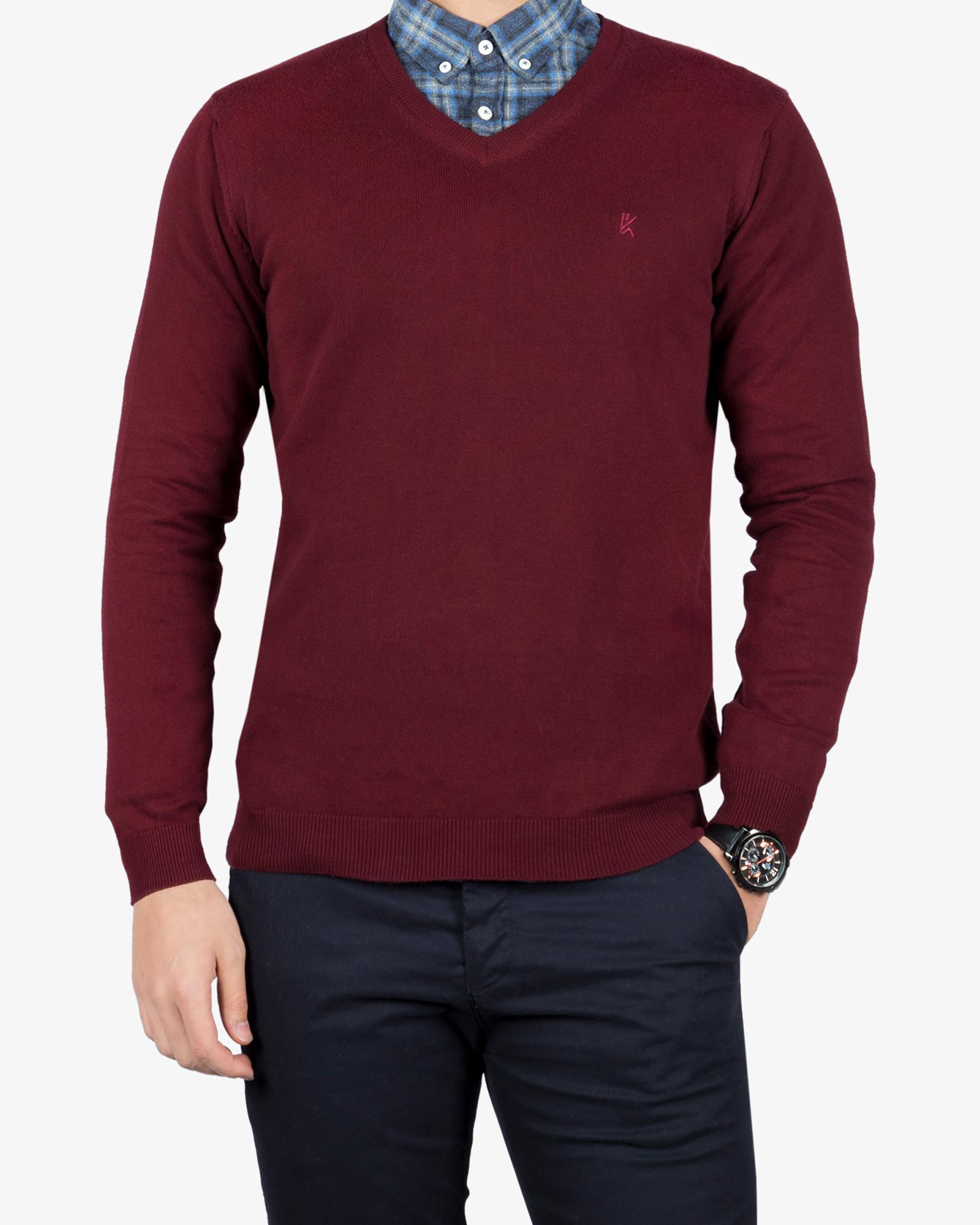 پلیور بافت مردانه ساده یقه هفت قرمز - عنابی - رو به رو