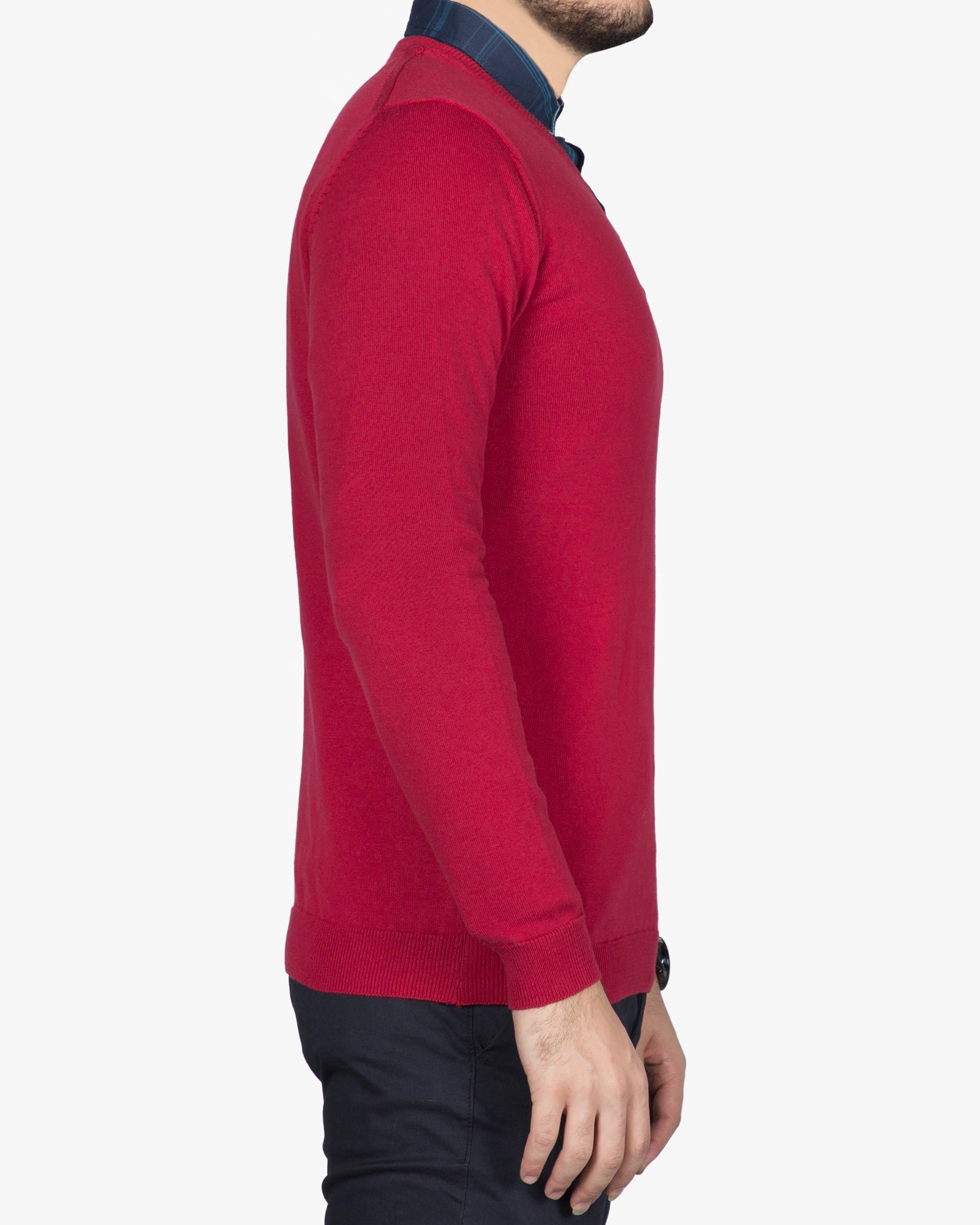 پلیور بافت مردانه ساده یقه هفت قرمز - قرمز - بغل