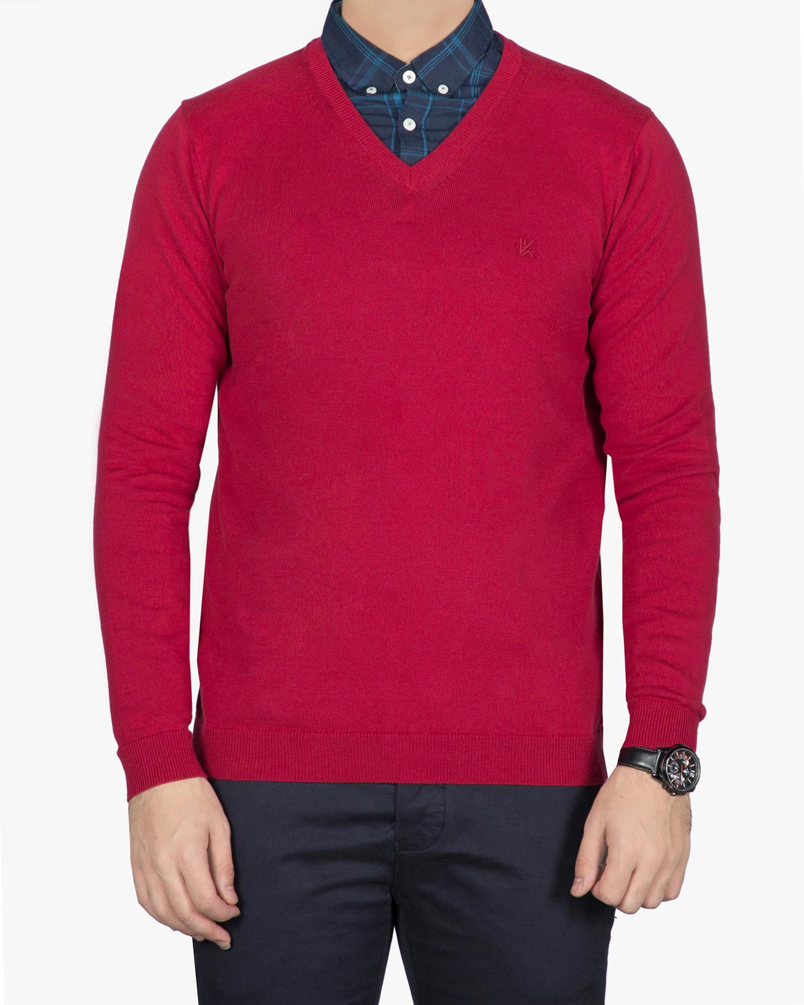 پلیور بافت مردانه ساده یقه هفت قرمز - قرمز - رو به رو