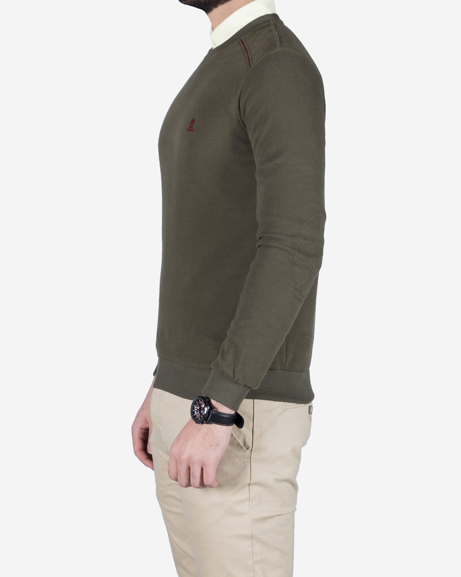 پلیور بافت مردانه یقه گرد طرح ساده - سبز ارتشی - بغل