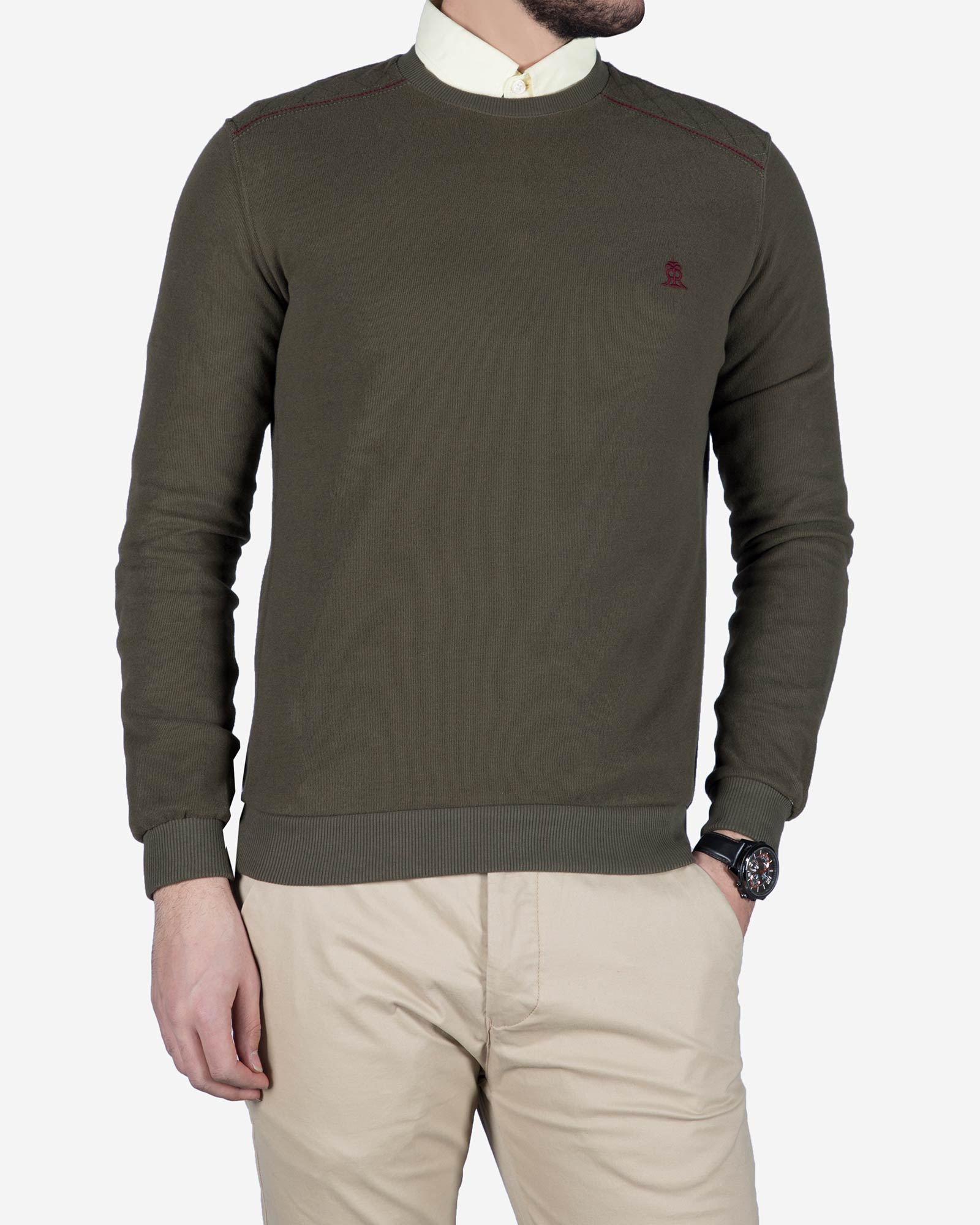 پلیور بافت مردانه یقه گرد طرح ساده - سبز ارتشی - رو به رو