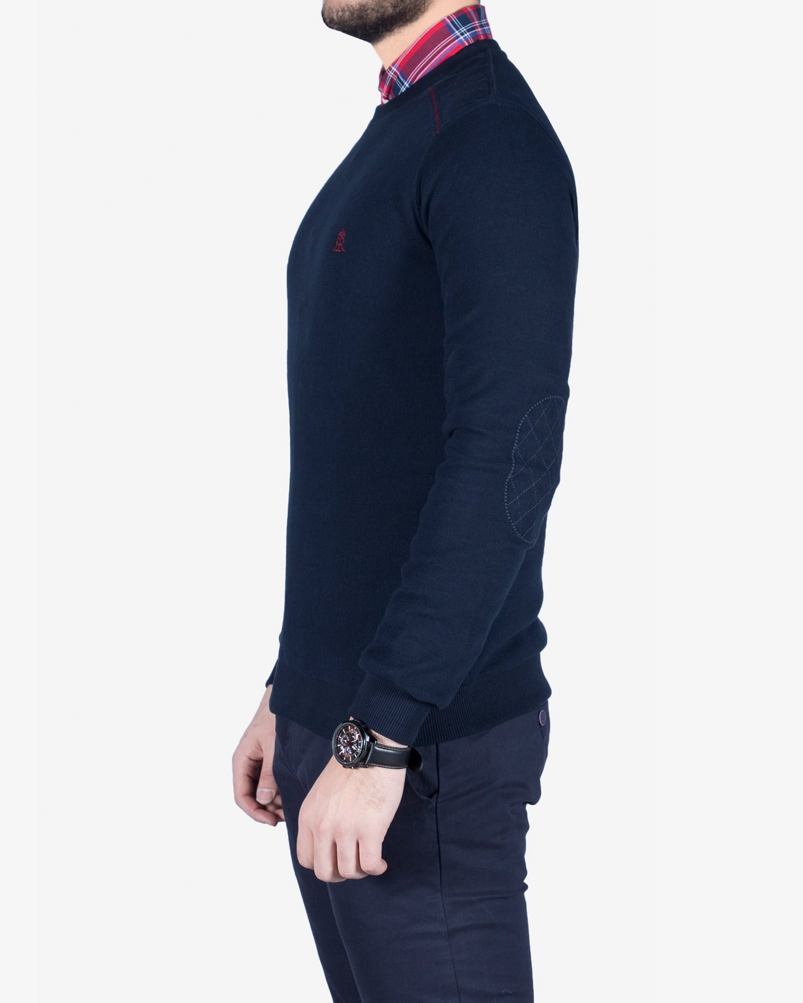 پلیور بافت مردانه یقه گرد طرح ساده - سرمه ای تیره - بغل