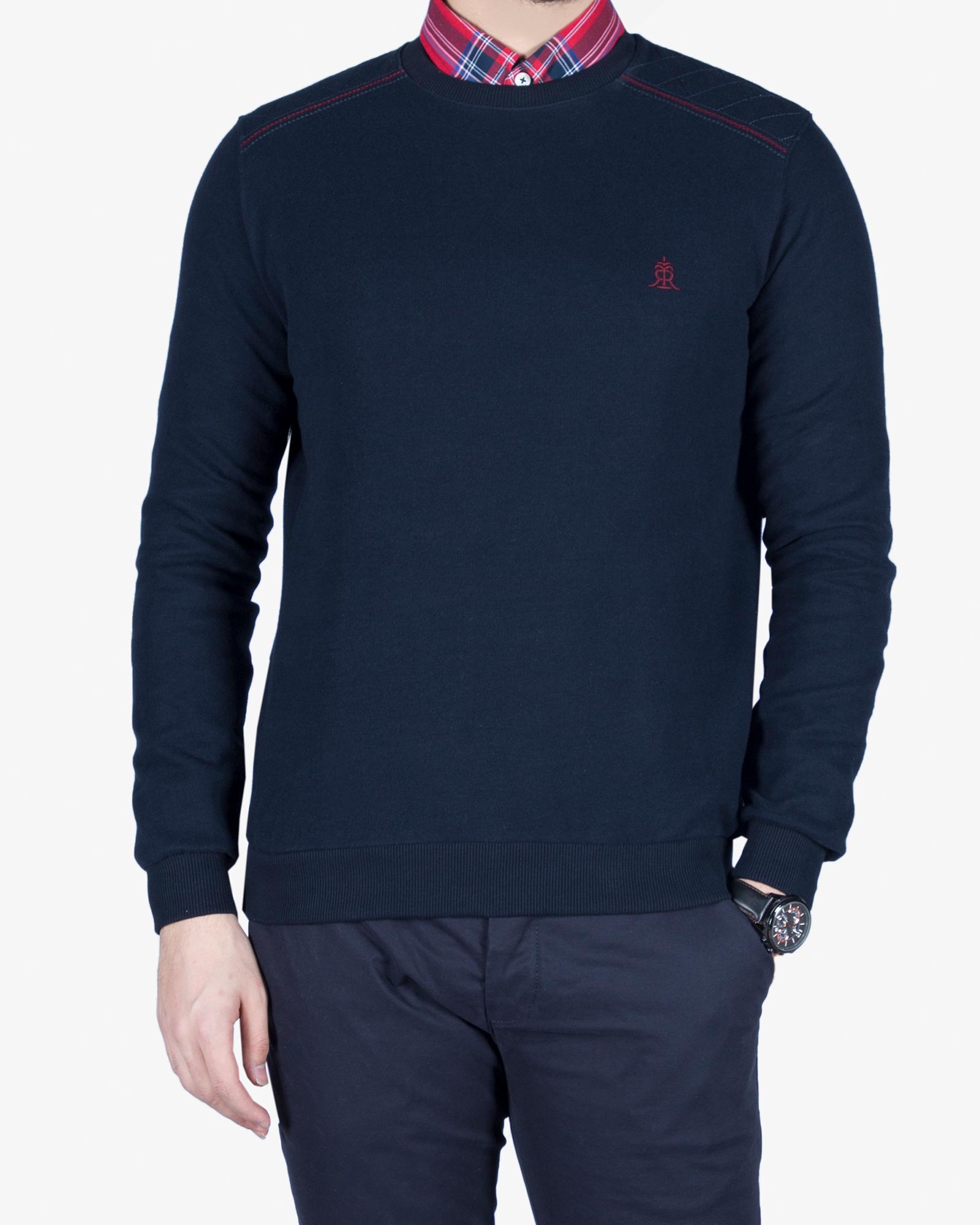 پلیور بافت مردانه یقه گرد طرح ساده - سرمه ای تیره - رو به رو