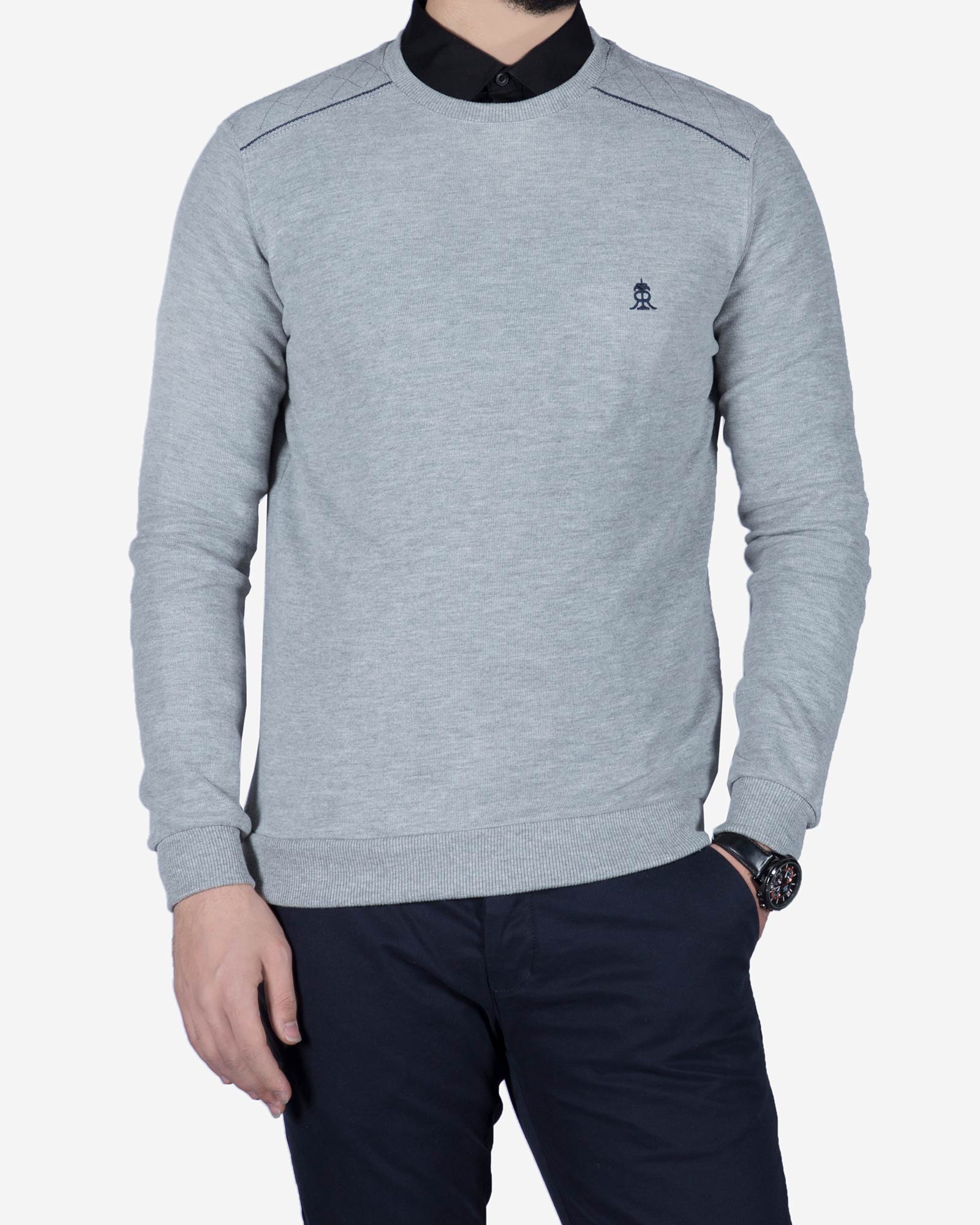 پلیور بافت مردانه یقه گرد طرح ساده - طوسی - رو به رو