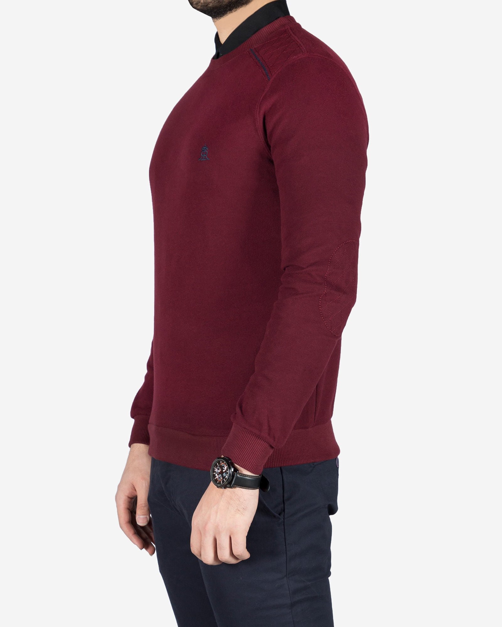 پلیور بافت مردانه یقه گرد طرح ساده - عنابی - بغل