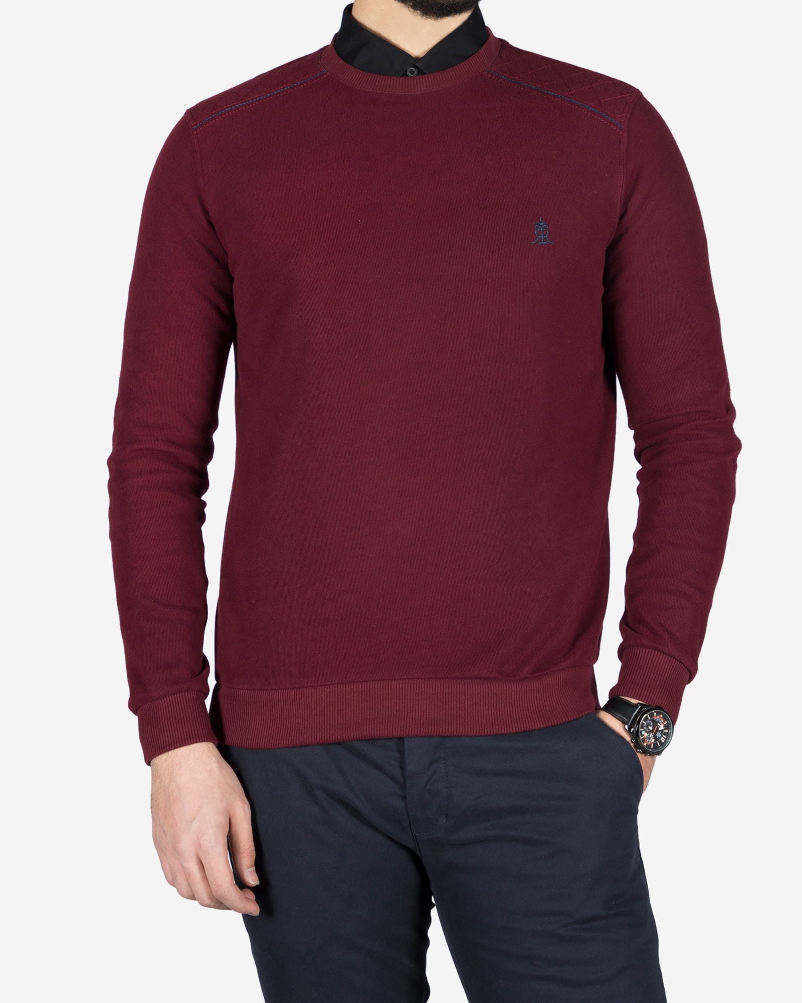 پلیور بافت مردانه یقه گرد طرح ساده - عنابی - رو به رو