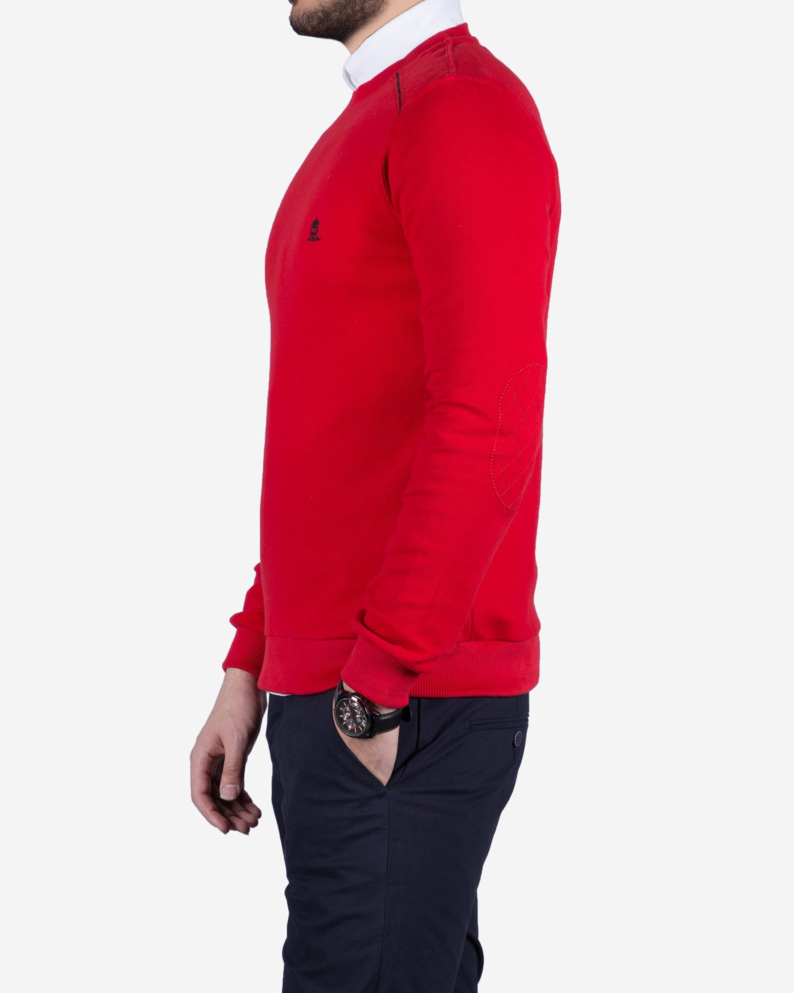 پلیور بافت مردانه یقه گرد طرح ساده - قرمز - بغل