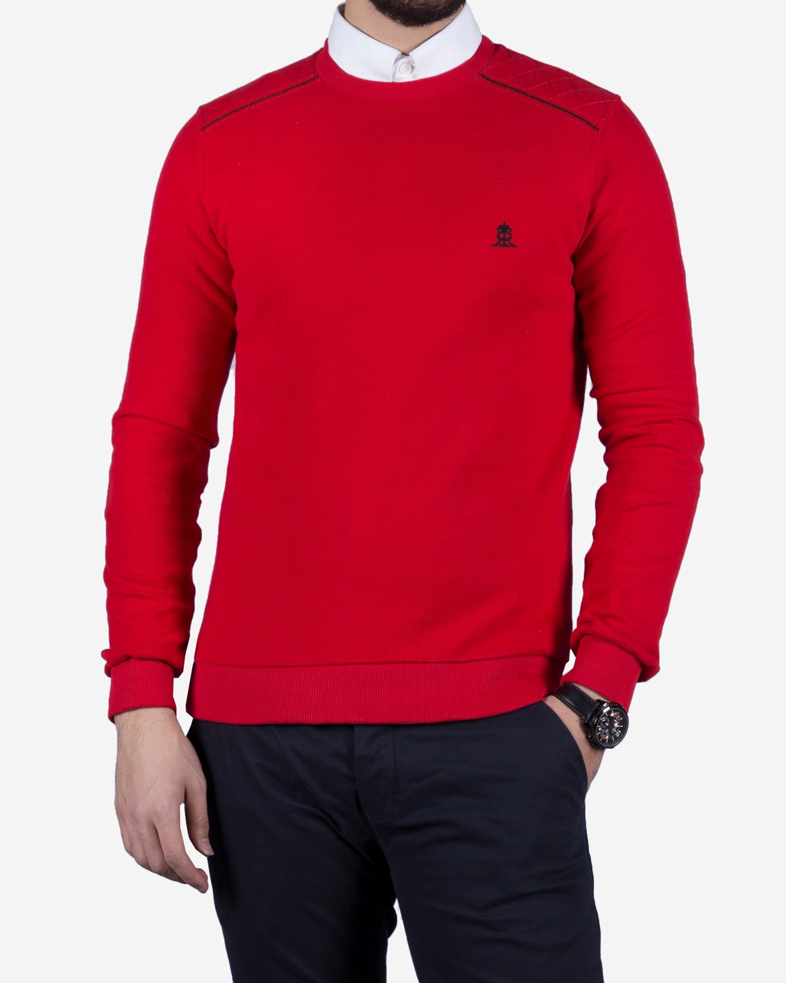 پلیور بافت مردانه یقه گرد طرح ساده - قرمز - رو به رو