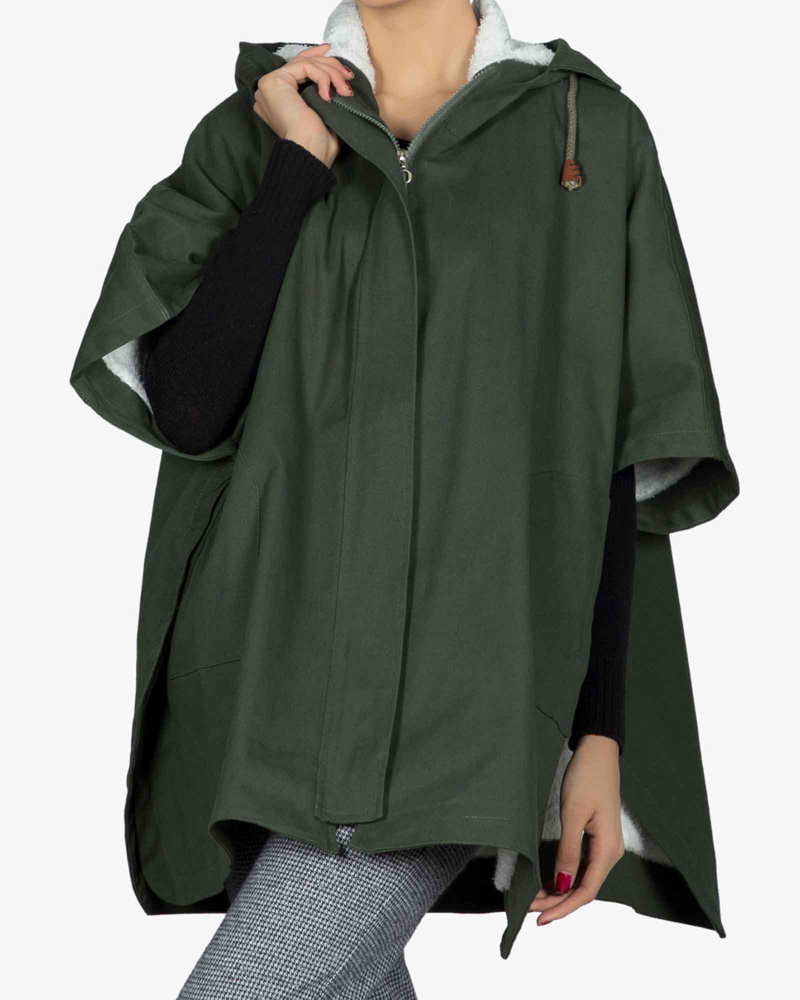 کاپشن دخترانه کلاه دار کتان - سبز تیره - رو به رو