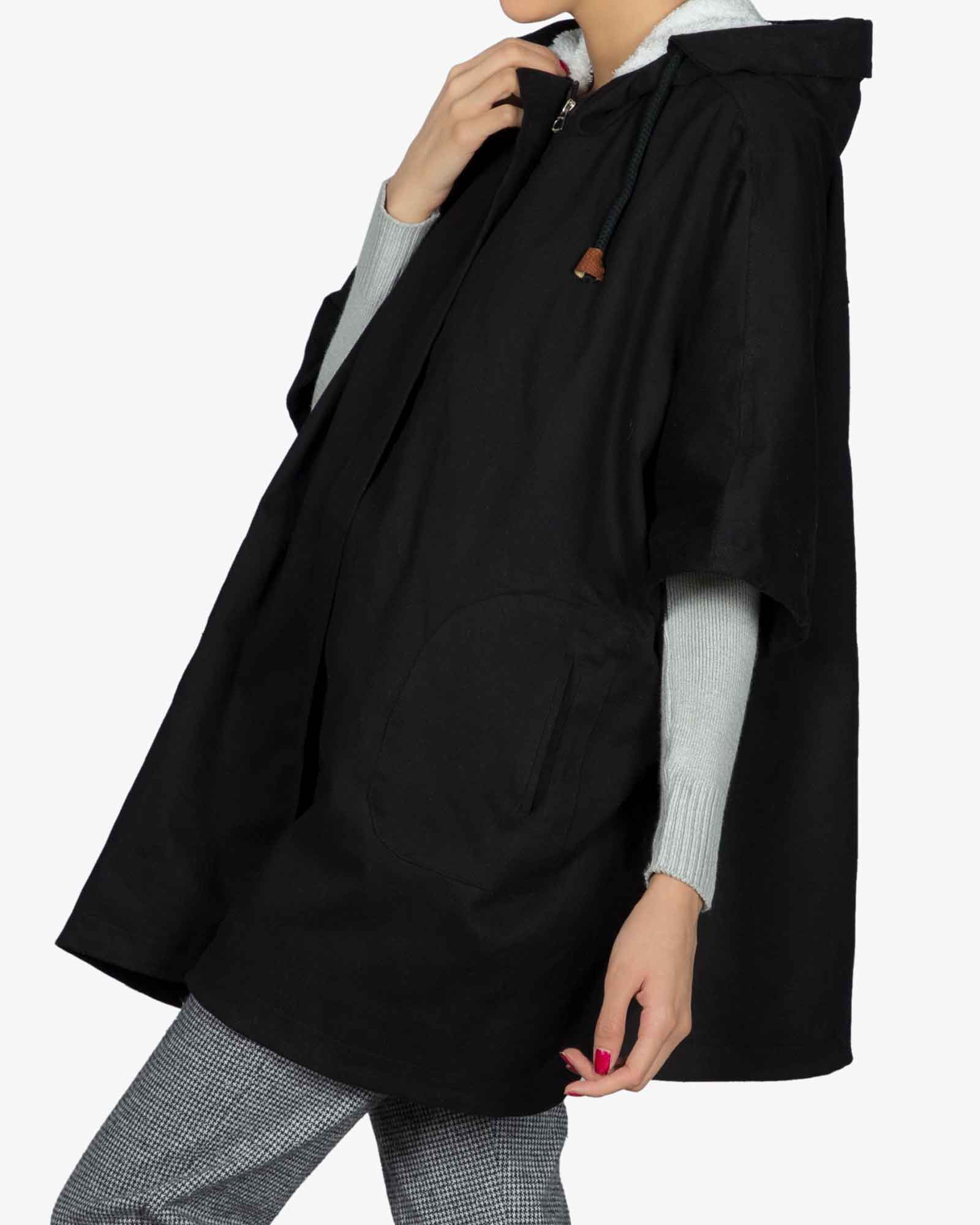 کاپشن دخترانه کلاه دار کتان - مشکی - بغل