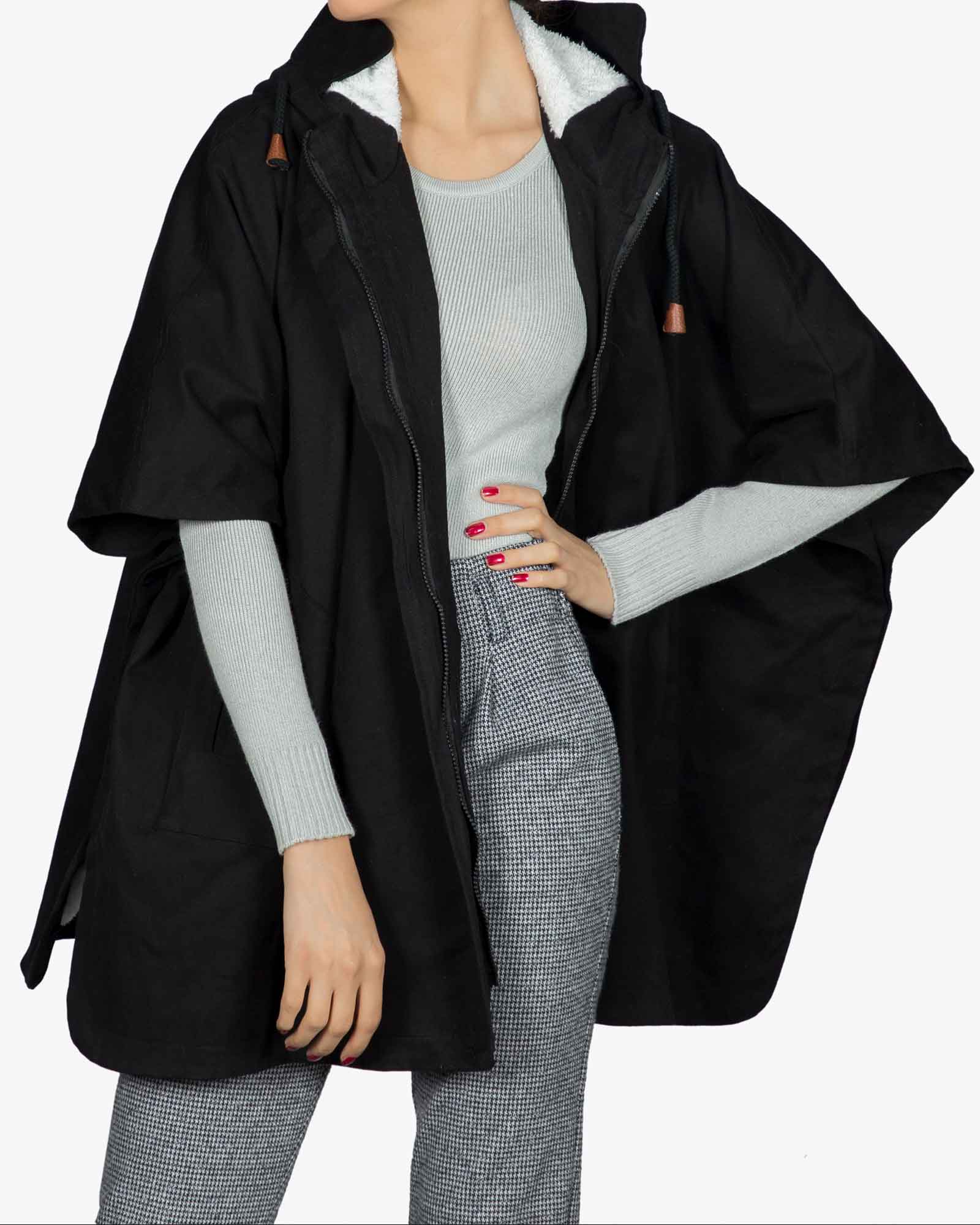 کاپشن دخترانه کلاه دار کتان - مشکی - جلو باز