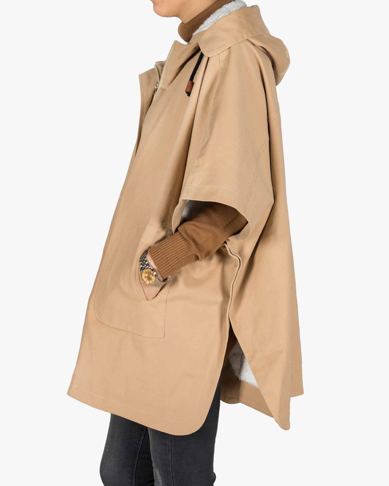 کاپشن دخترانه کلاه دار کتان - کرمی سیر - بغل