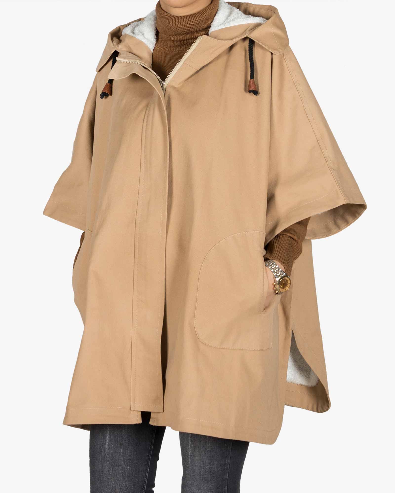 کاپشن دخترانه کلاه دار کتان - کرمی سیر - رو به رو