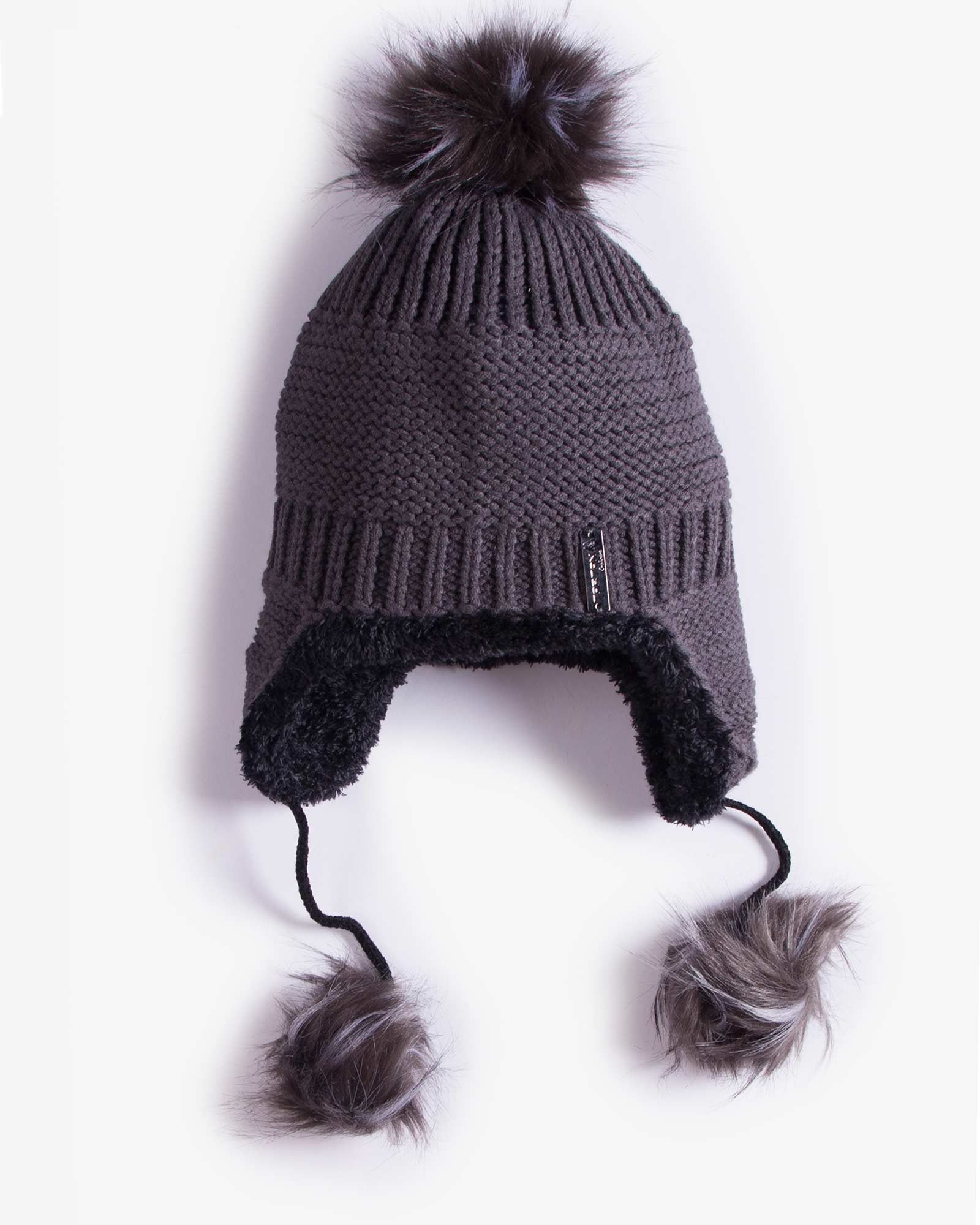 کلاه بافت گوش دار منگوله دار - خاکستری تیره - رو به رو