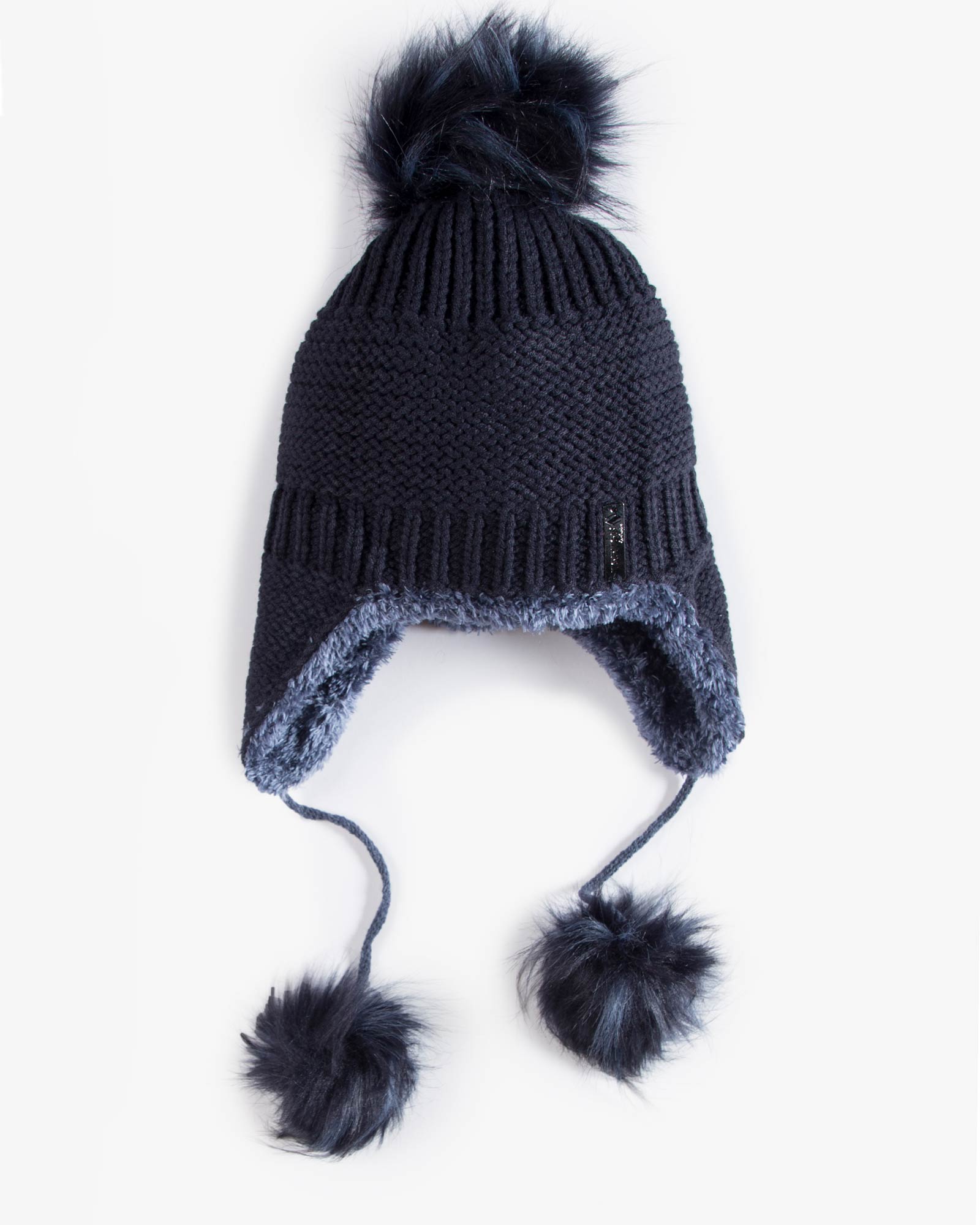 کلاه بافت گوش دار منگوله دار - سرمه ای تیره - رو به رو