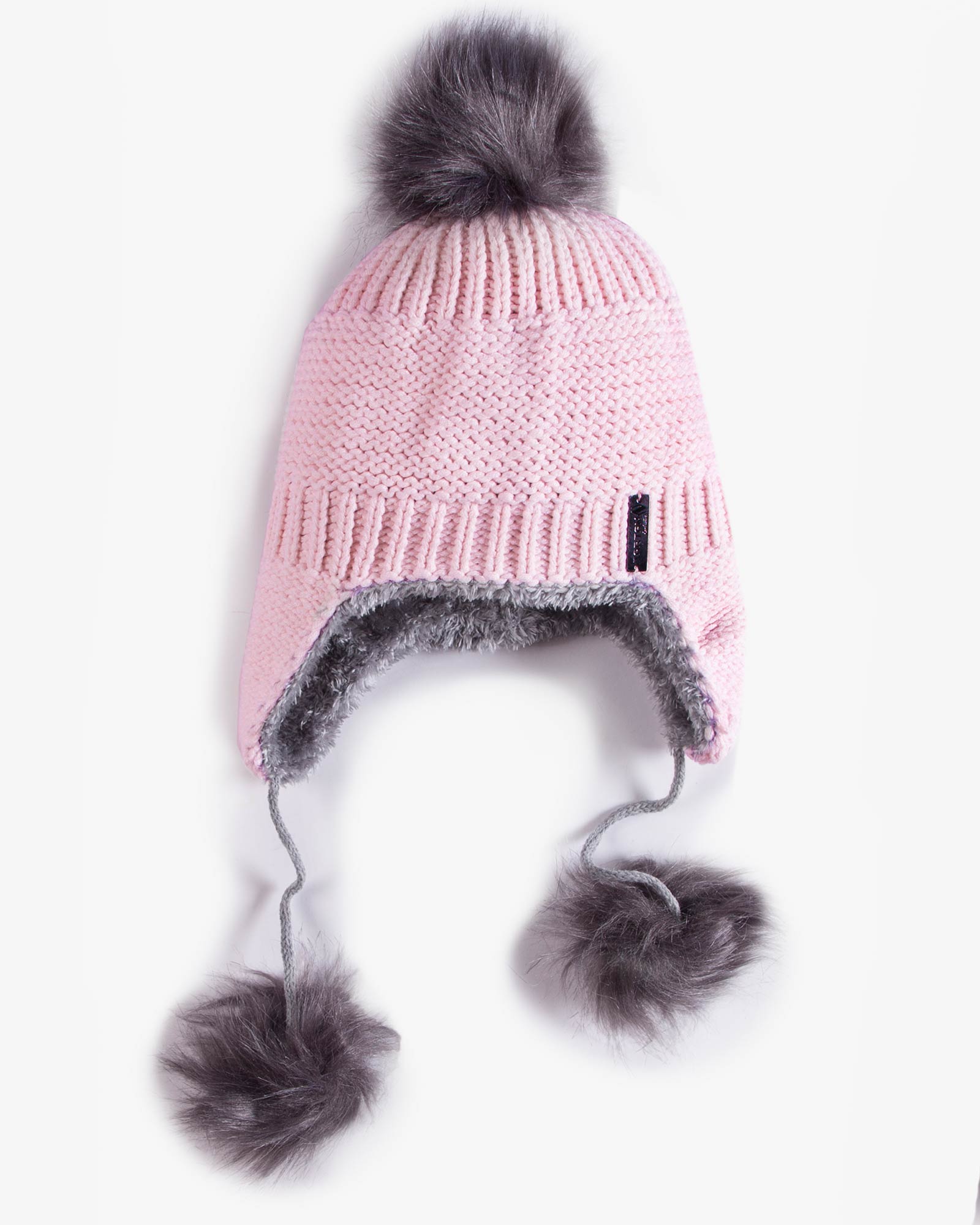 کلاه بافت گوش دار منگوله دار - صورتی - رو به رو