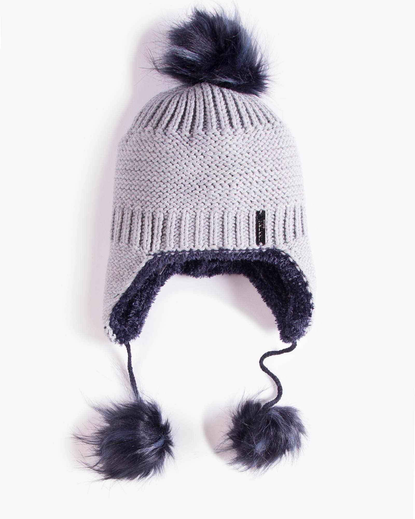 کلاه بافت گوش دار منگوله دار - طوسی کمرنگ - رو به رو