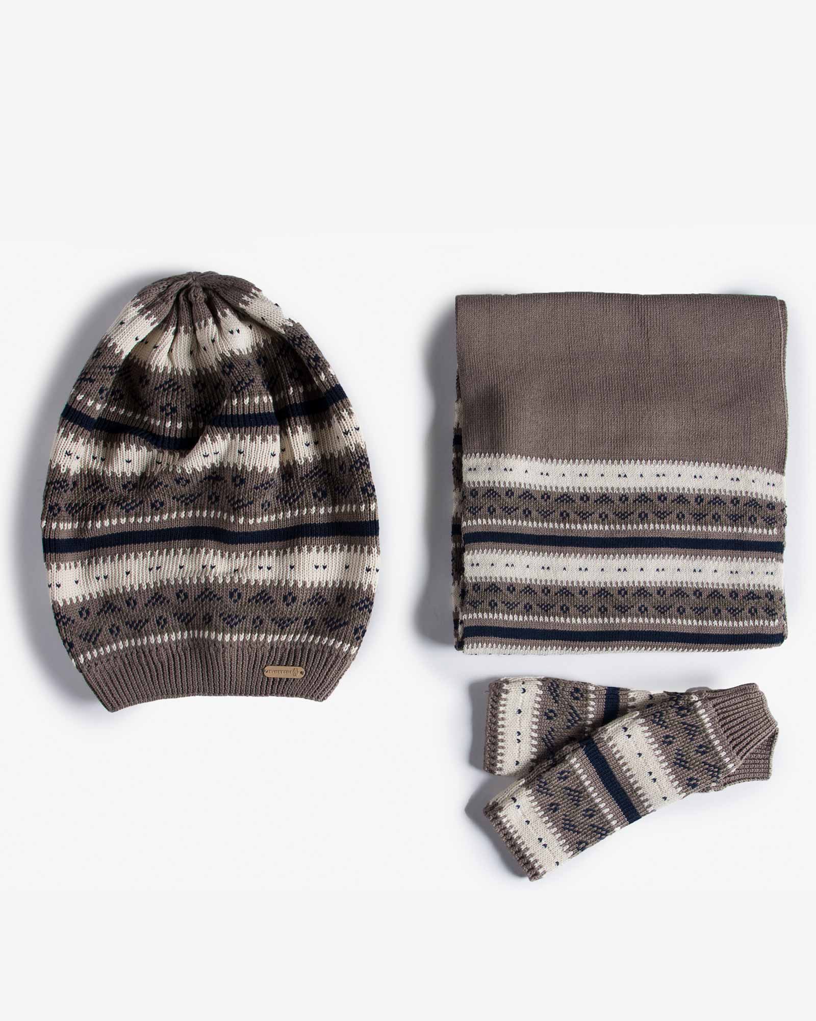 کلاه و شال گردن و دستکش بدون انگشت بافت - خاکی - بالا