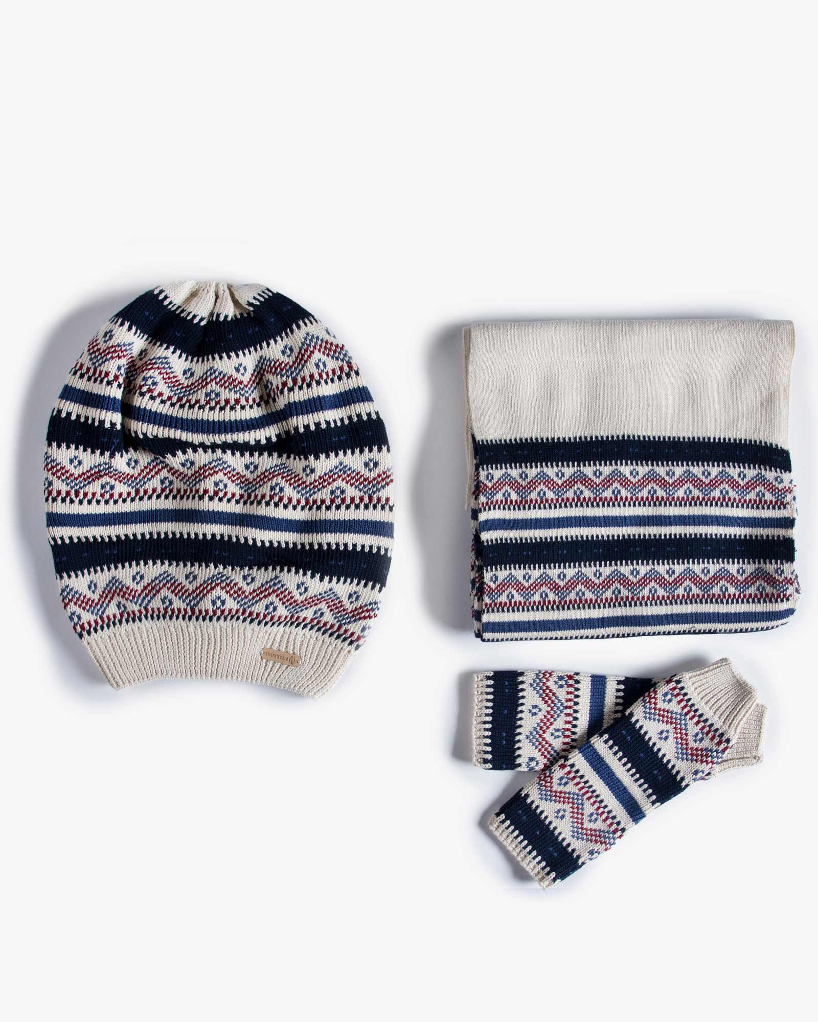 کلاه و شال گردن و دستکش بدون انگشت بافت - سفید با طرح های سرمه ای، قرمز