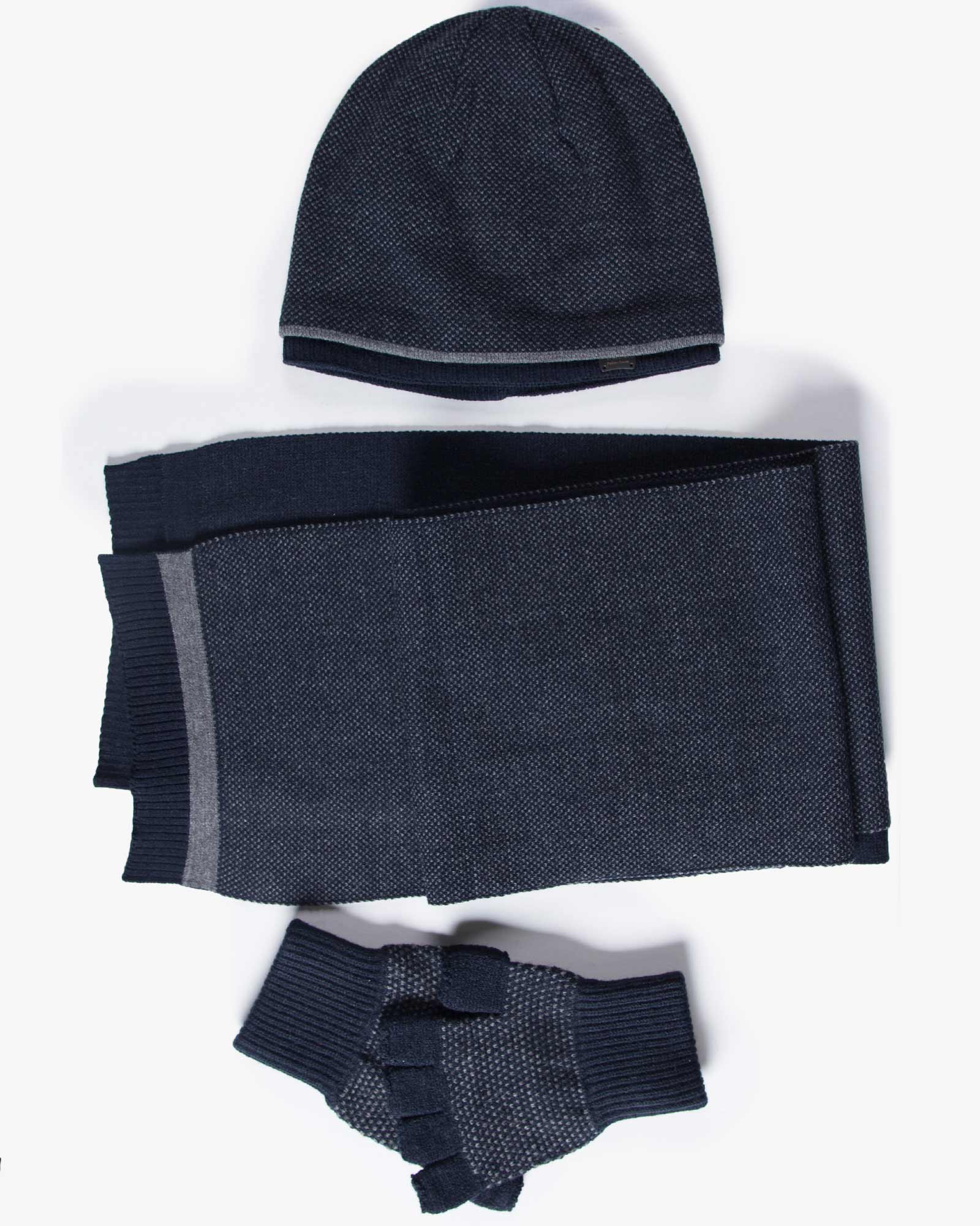 کلاه و شال گردن و دستکش بدون انگشت بافت - سرمه ای - ست