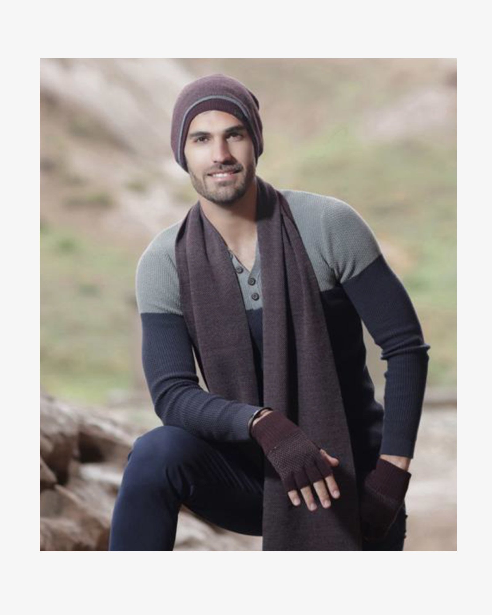 کلاه و شال گردن و دستکش بدون انگشت بافت - عنابی -محیطی مردانه