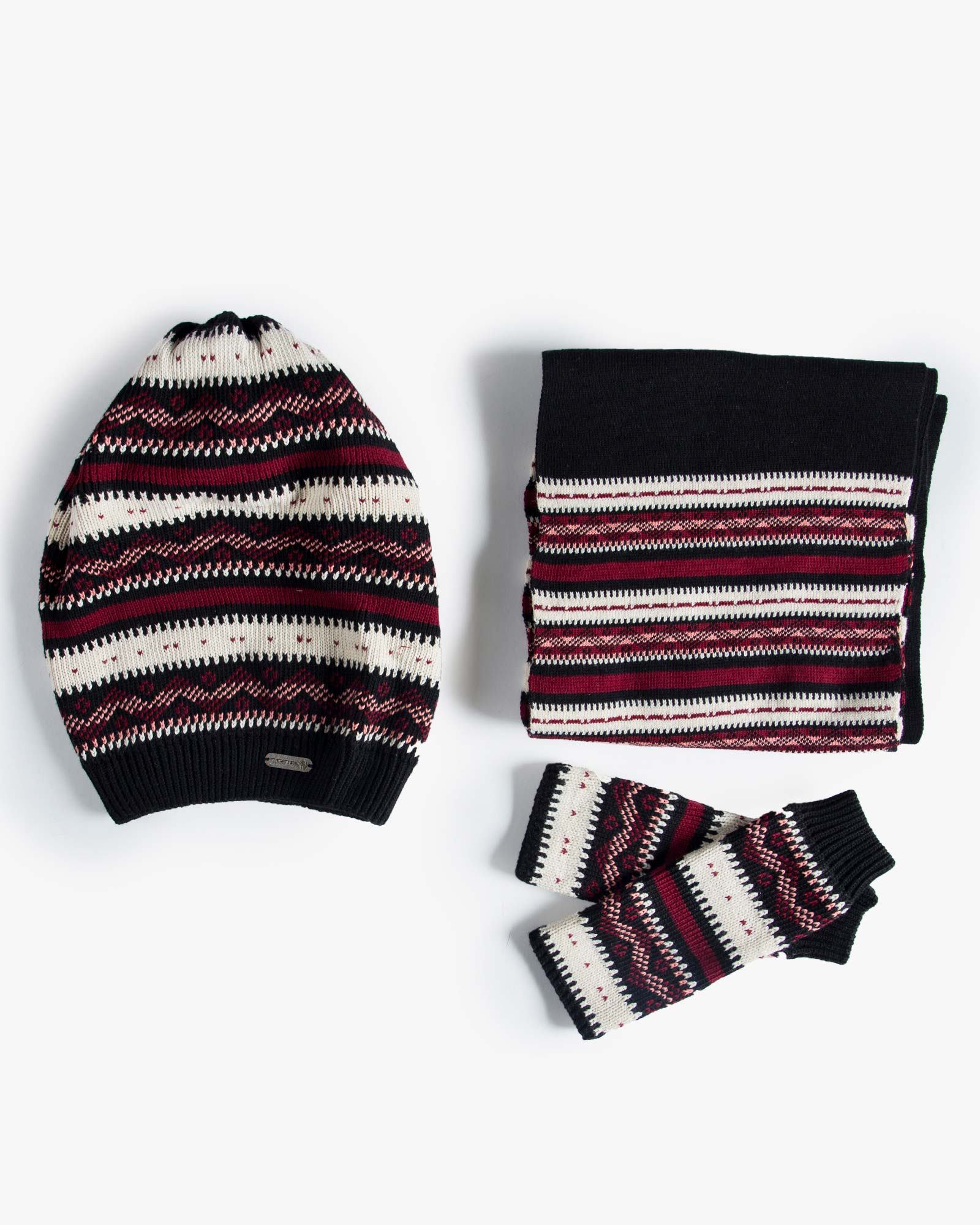 کلاه و شال گردن و دستکش بدون انگشت بافت - مشکی با طرح های سفید، قرمز