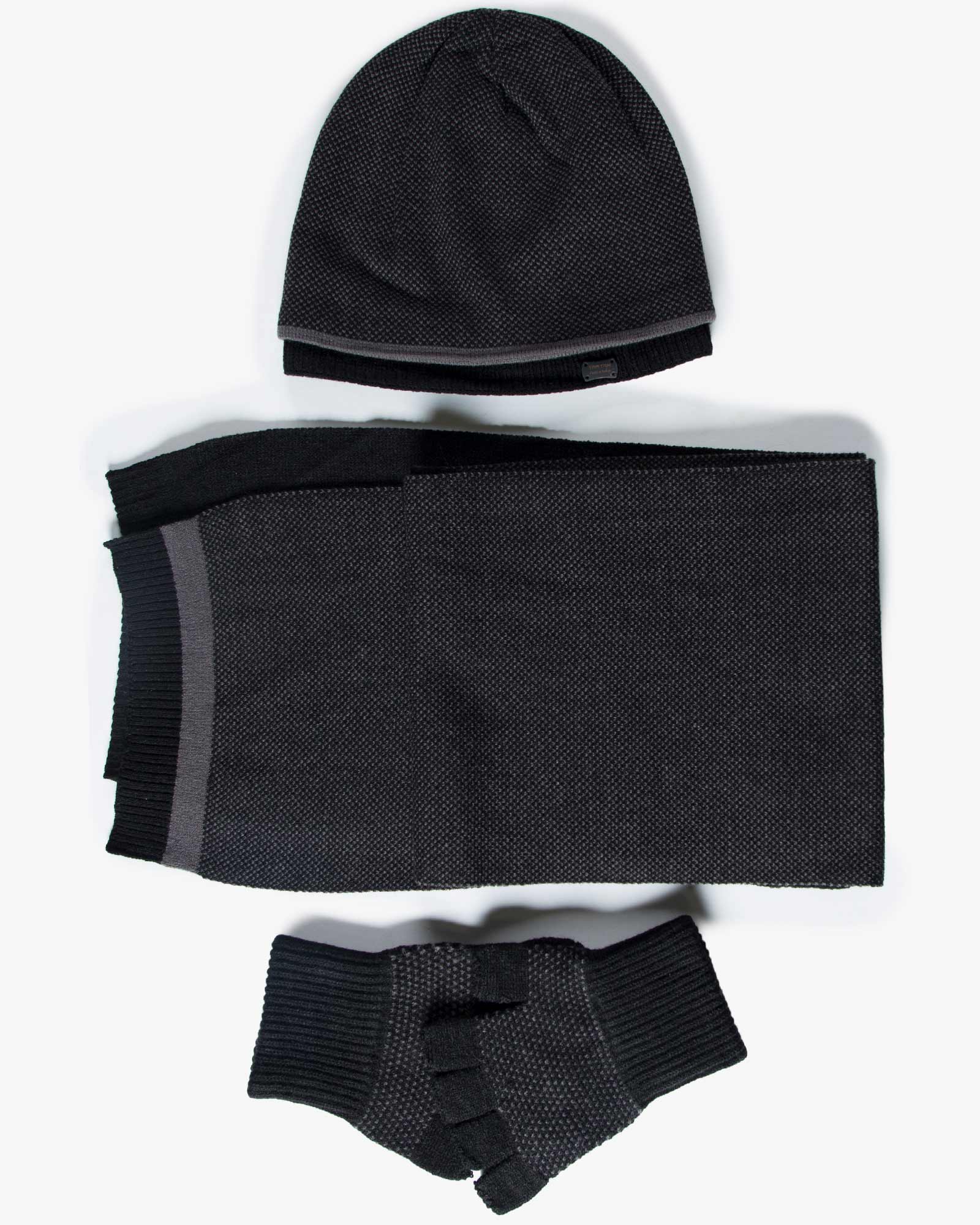 کلاه و شال گردن و دستکش بدون انگشت بافت - مشکی - ست