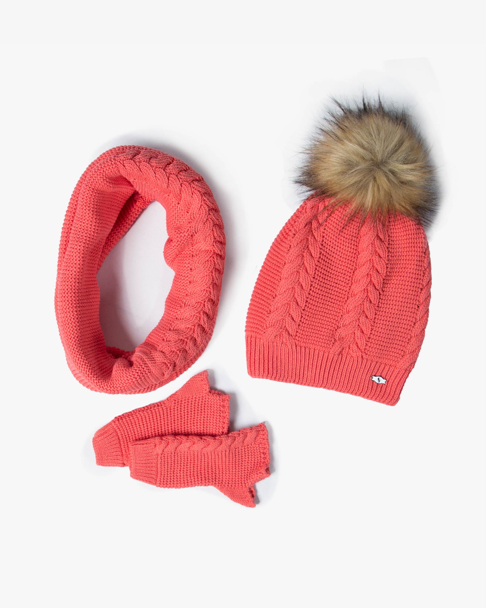 ست کلاه و شال گردن و دستکش بافتنی ساده - مرجانی