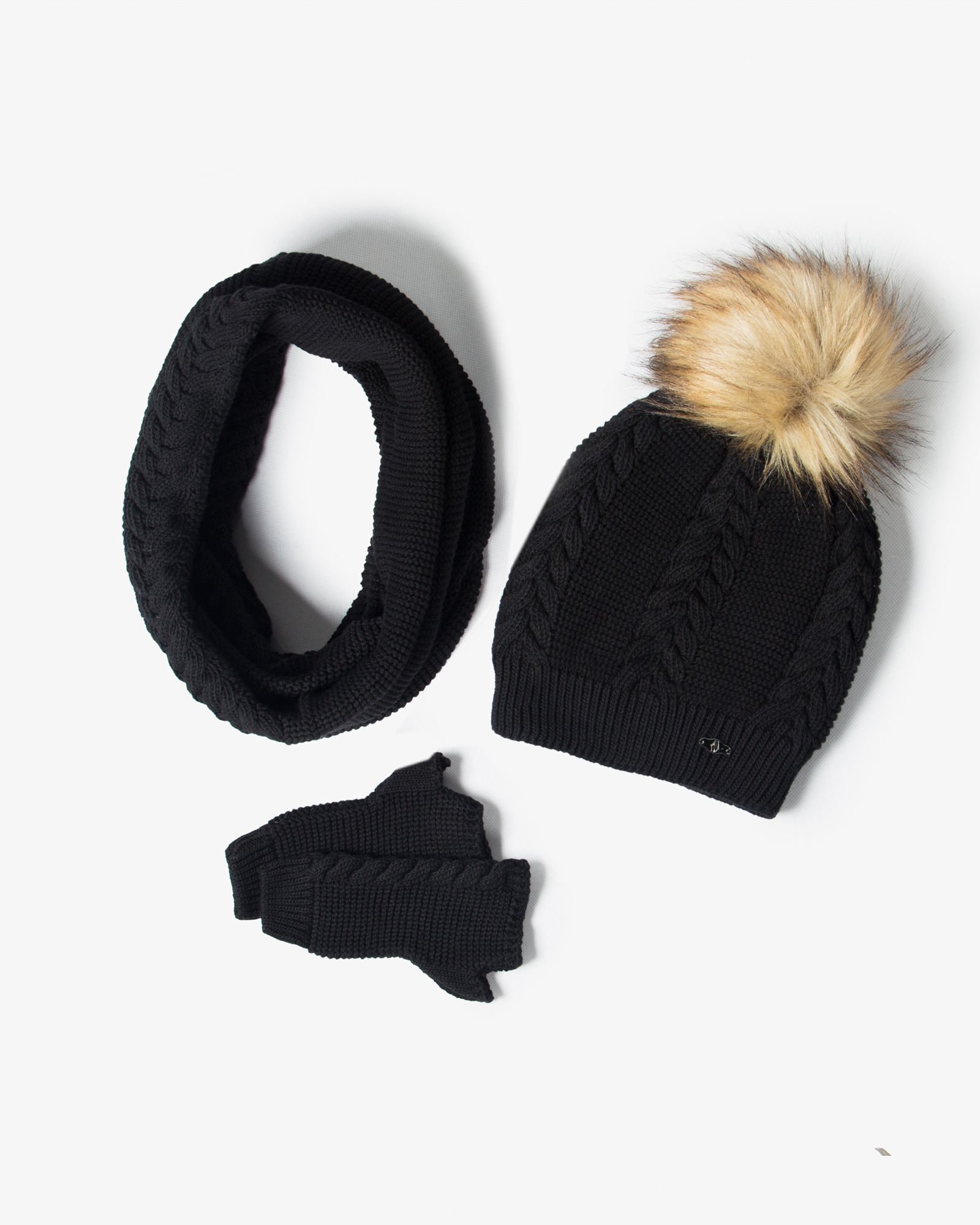 ست کلاه و شال گردن و دستکش بافتنی ساده - مشکی - رو به رو