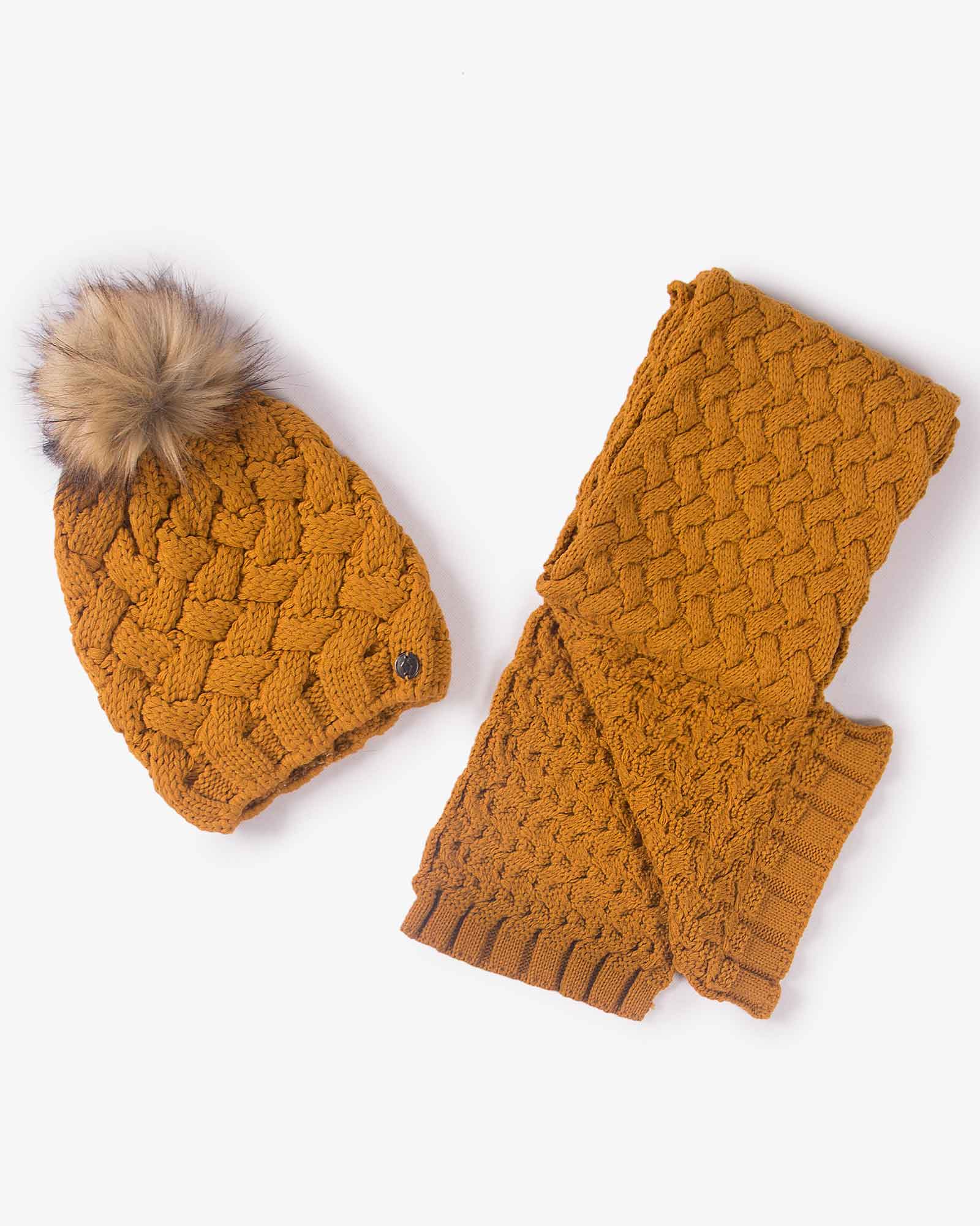 شال گردن و کلاه بافت طرح حصیری - خردلی - شال گردن و کلاه