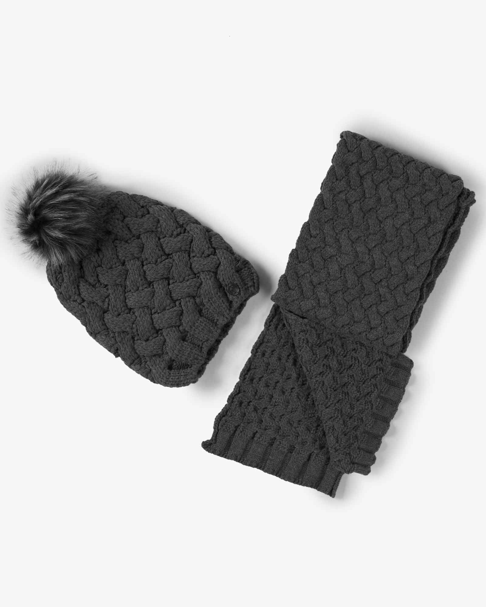 شال گردن و کلاه بافت طرح حصیری - دودی - شال گردن و کلاه