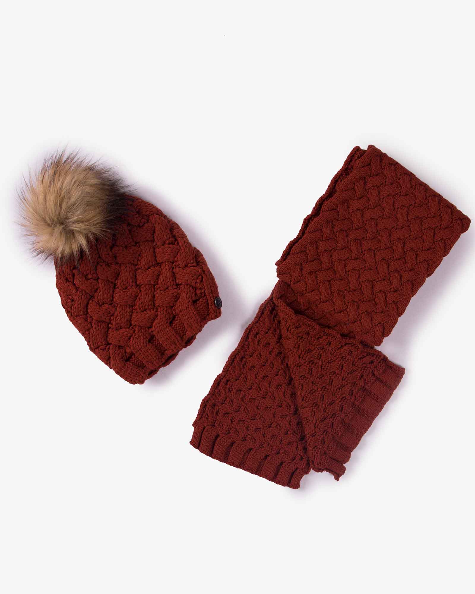 شال گردن و کلاه بافت طرح حصیری - آجری