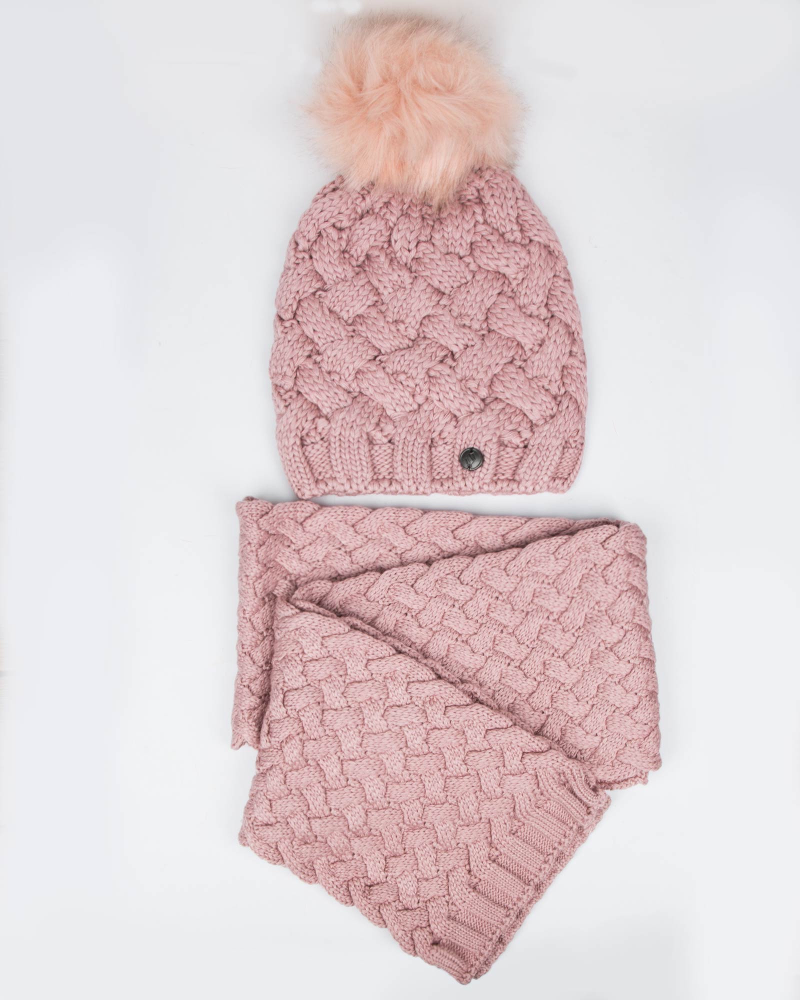 شال گردن و کلاه بافت طرح حصیری - صورتی کثیف - رو به رو