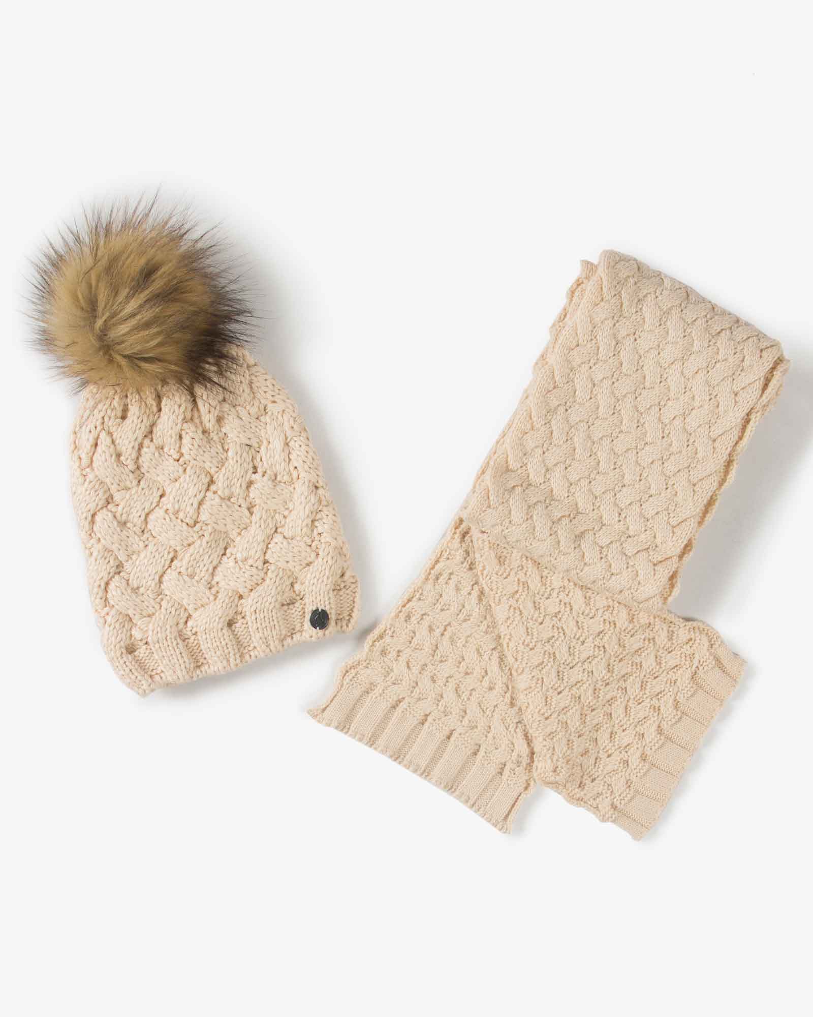 شال گردن و کلاه بافت طرح حصیری - کرمی - شال گردن و کلاه