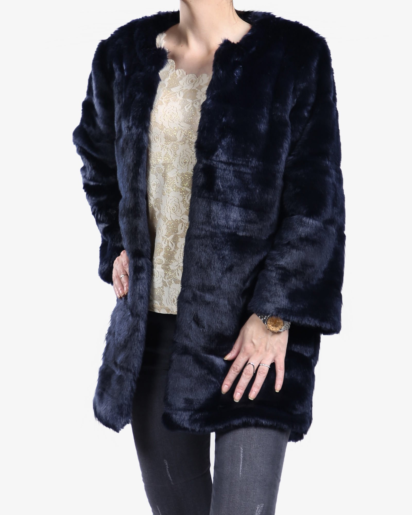 پالتو پوست زنانه کوتاه سرمه ای - سرمه ای تیره - جلو باز